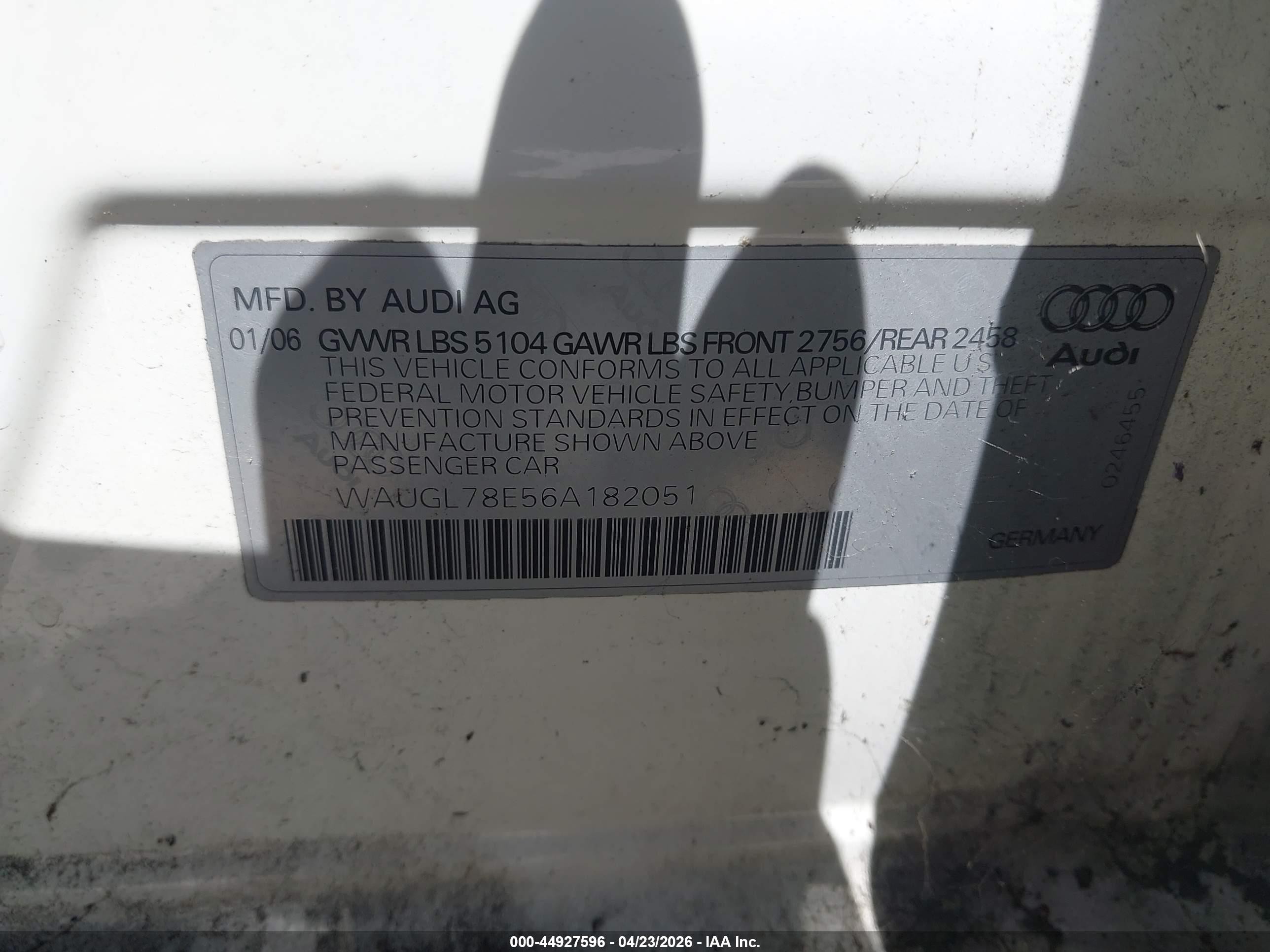 2006 Audi S4 4.2 White vin: WAUGL78E56A182051
