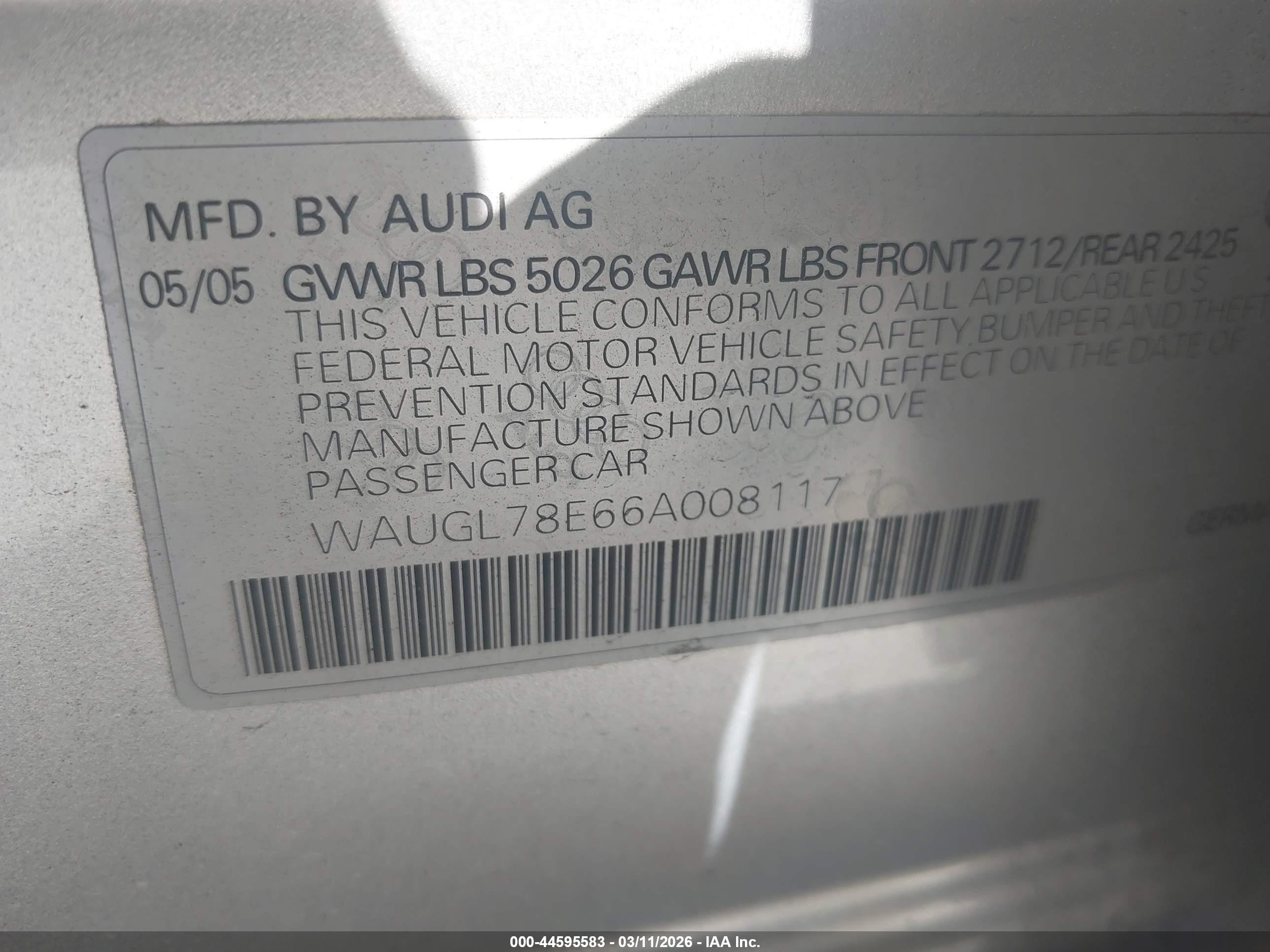 2006 Audi S4 4.2 Silver vin: WAUGL78E66A008117