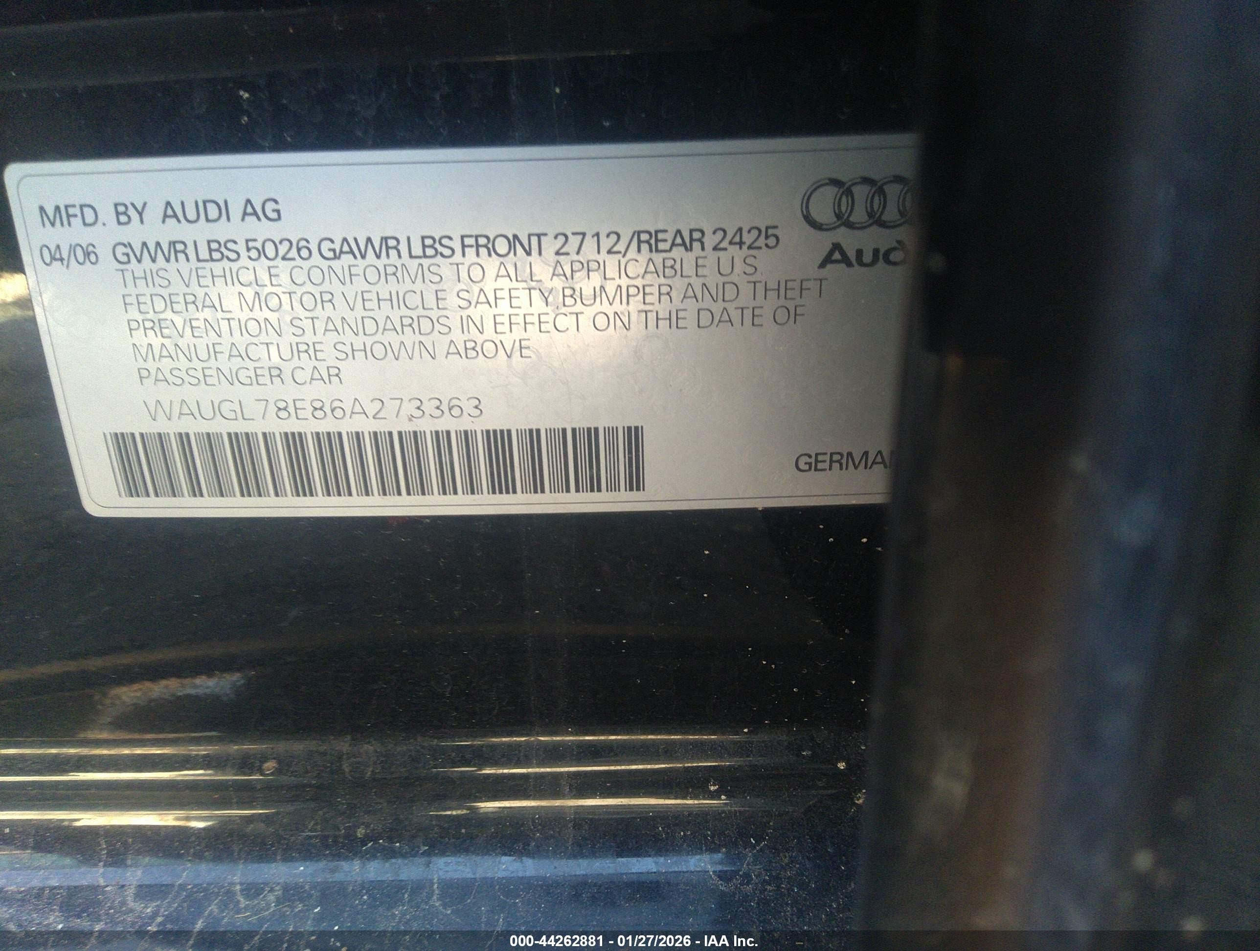 2006 Audi S4 4.2 Black vin: WAUGL78E86A273363