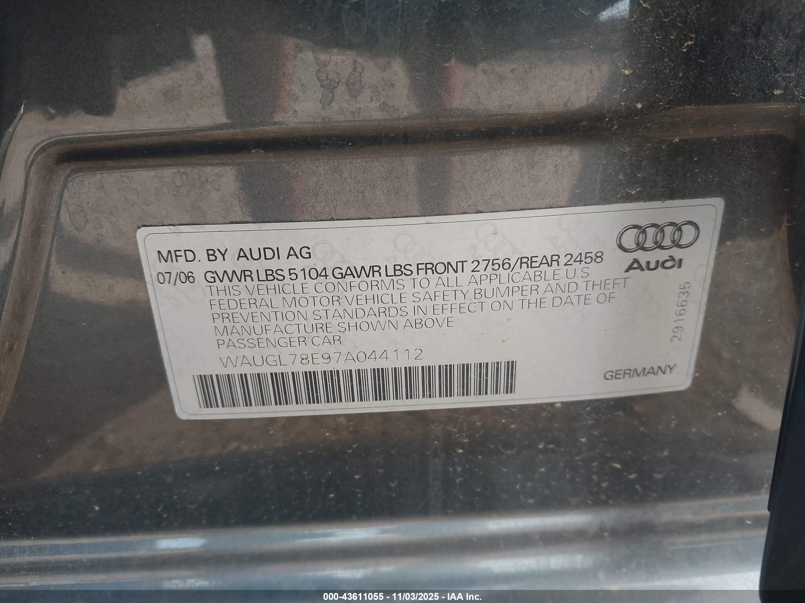 2007 Audi S4 4.2 Gray vin: WAUGL78E97A044112