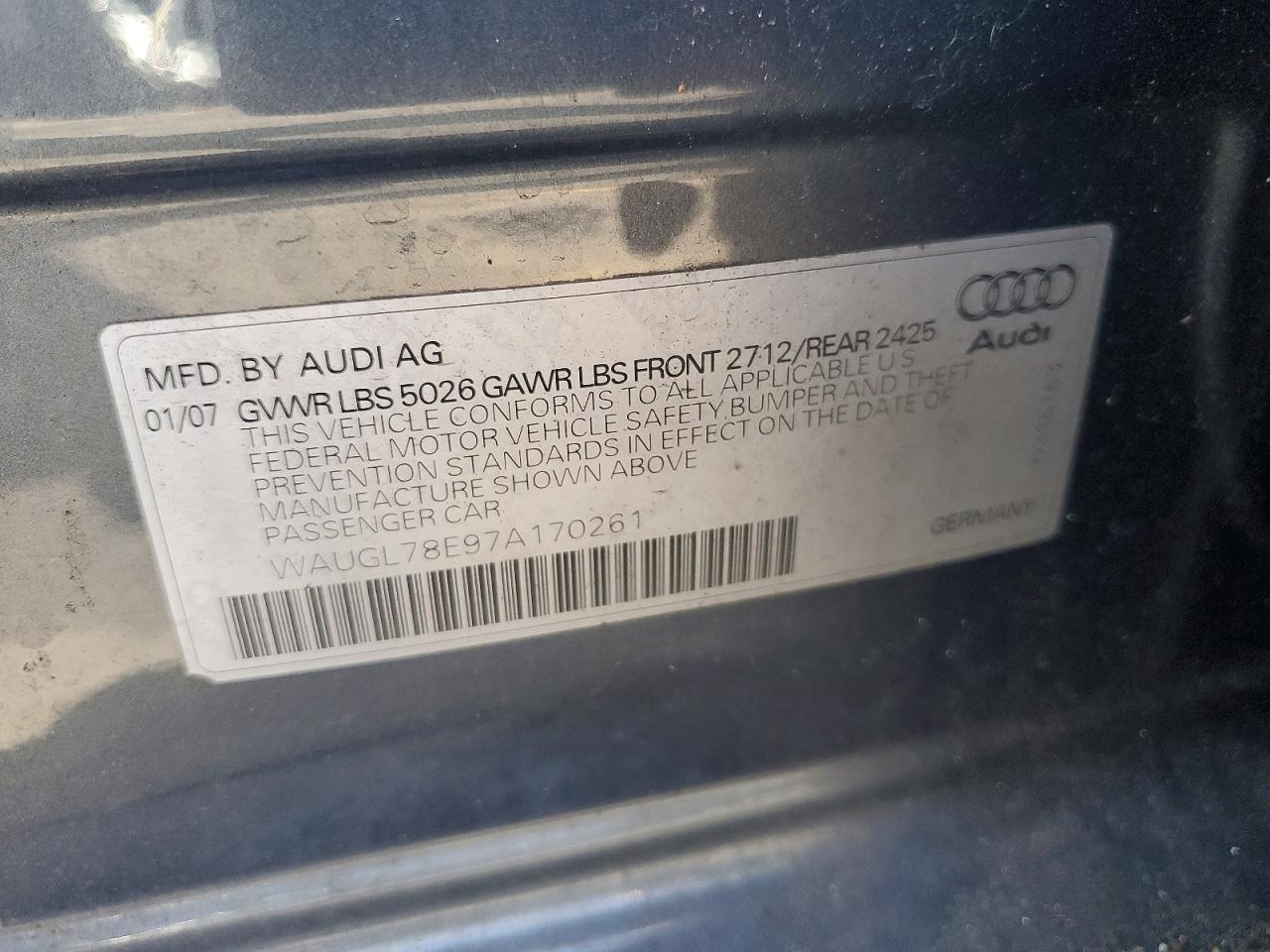 2007 Audi New S4 Quattro Серый vin: WAUGL78E97A170261