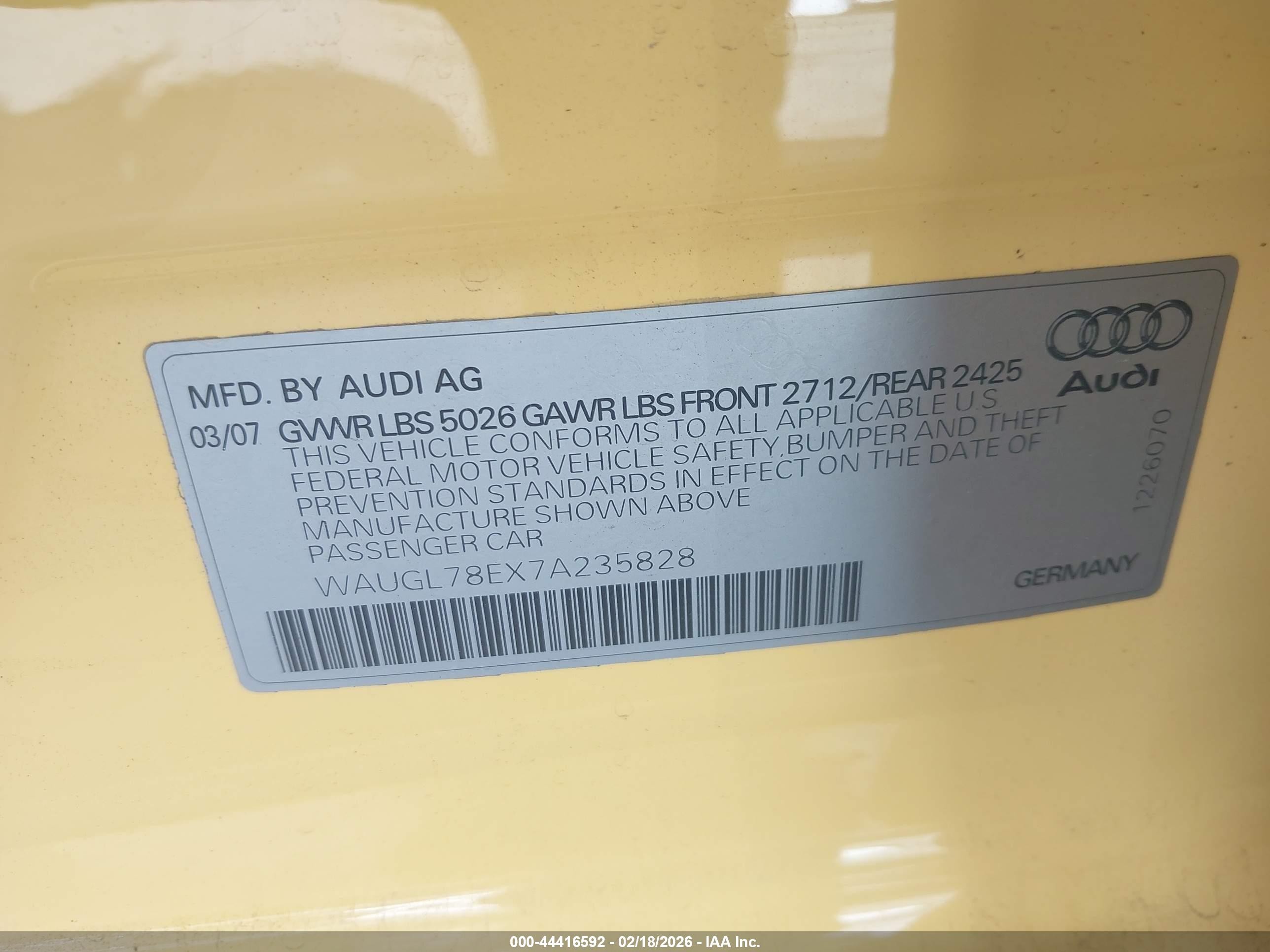 2007 Audi S4 4.2 Yellow vin: WAUGL78EX7A235828