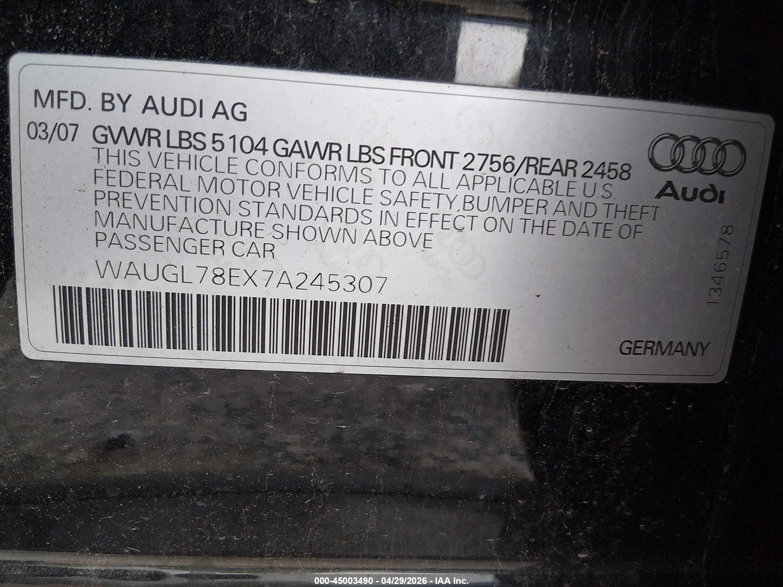 2007 Audi S4 4.2 Black vin: WAUGL78EX7A245307