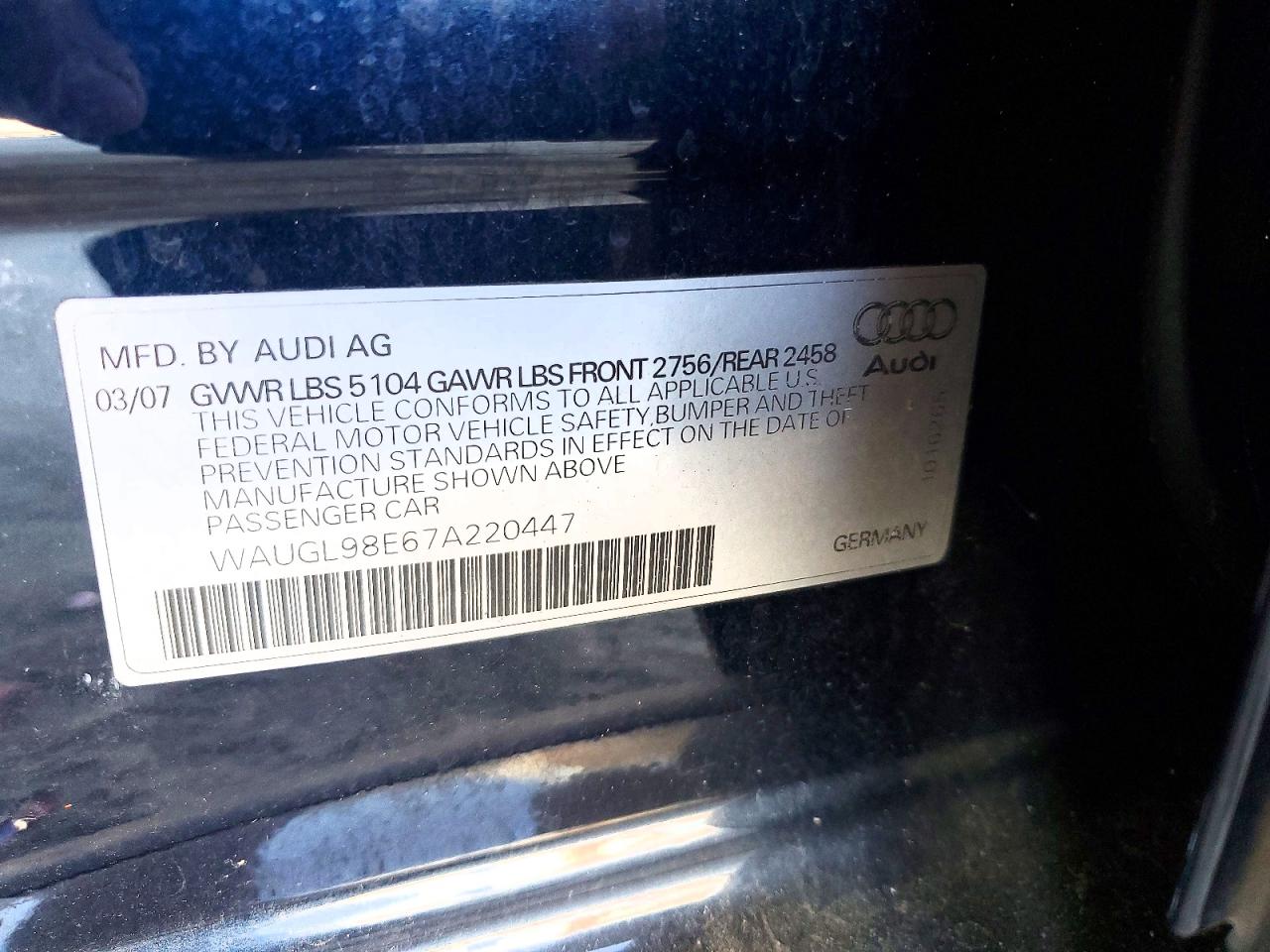 2007 Audi New S4 Quattro Blue vin: WAUGL98E67A220447