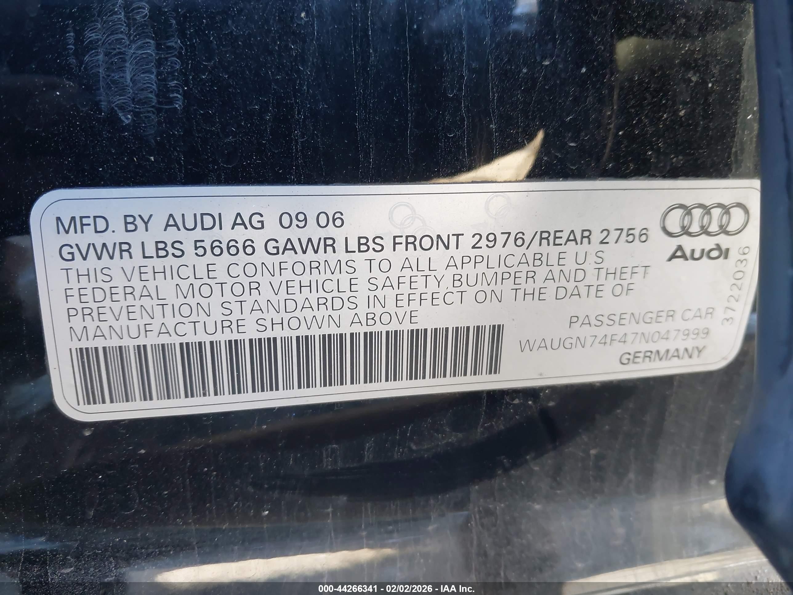 2007 Audi S6 5.2 Black vin: WAUGN74F47N047999