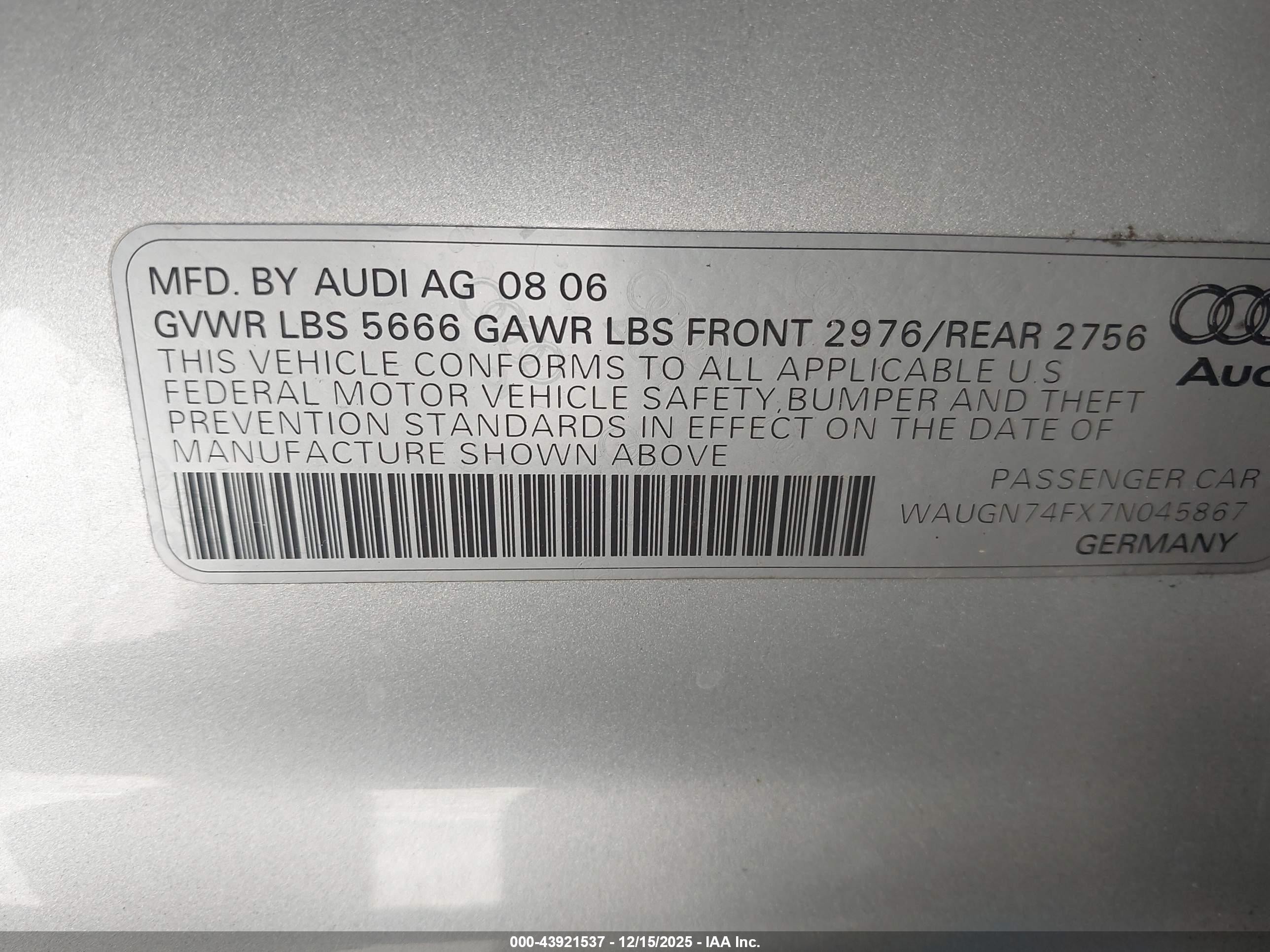 2007 Audi S6 5.2 Silver vin: WAUGN74FX7N045867