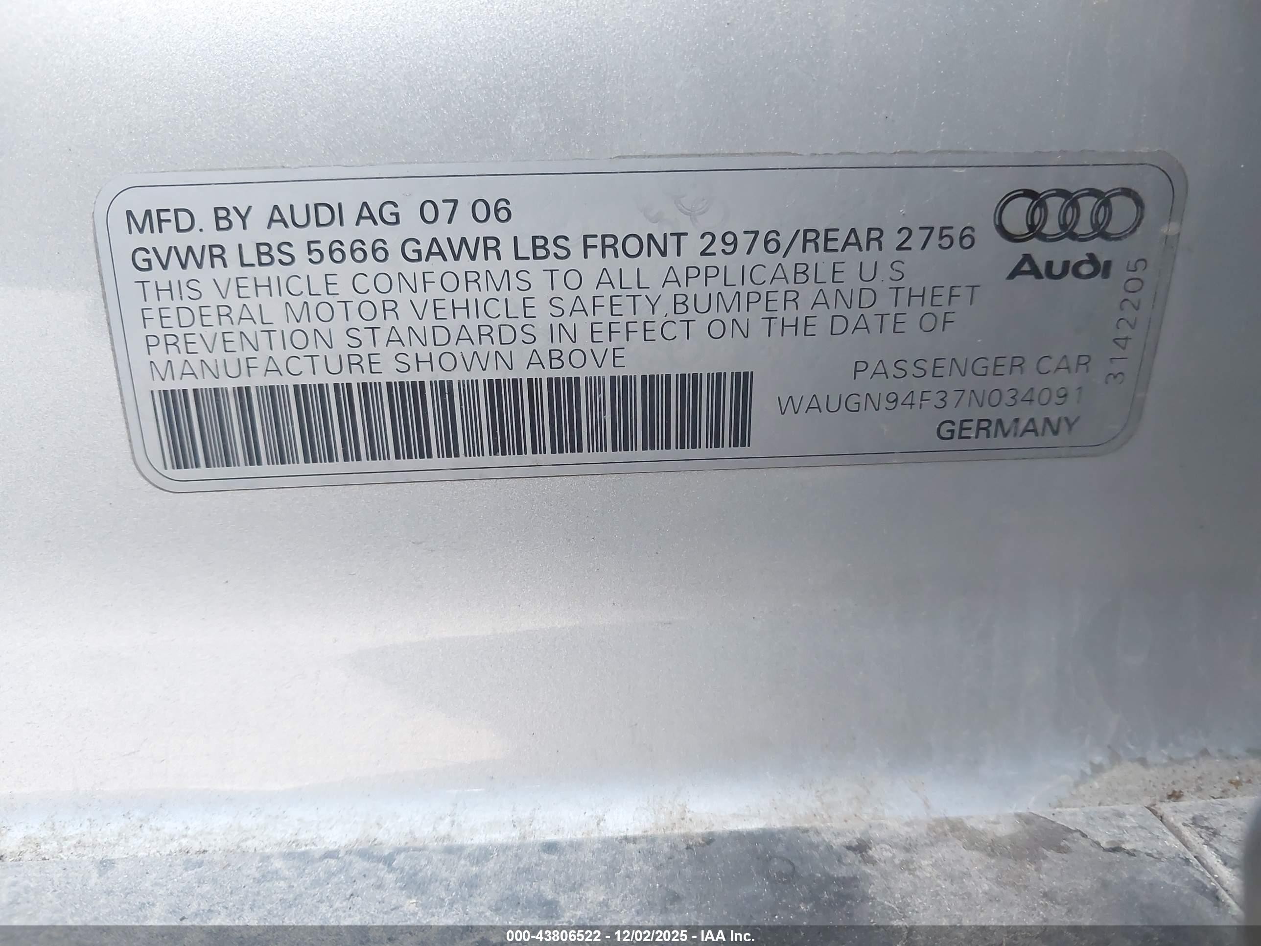 2007 Audi S6 5.2 Silver vin: WAUGN94F37N034091
