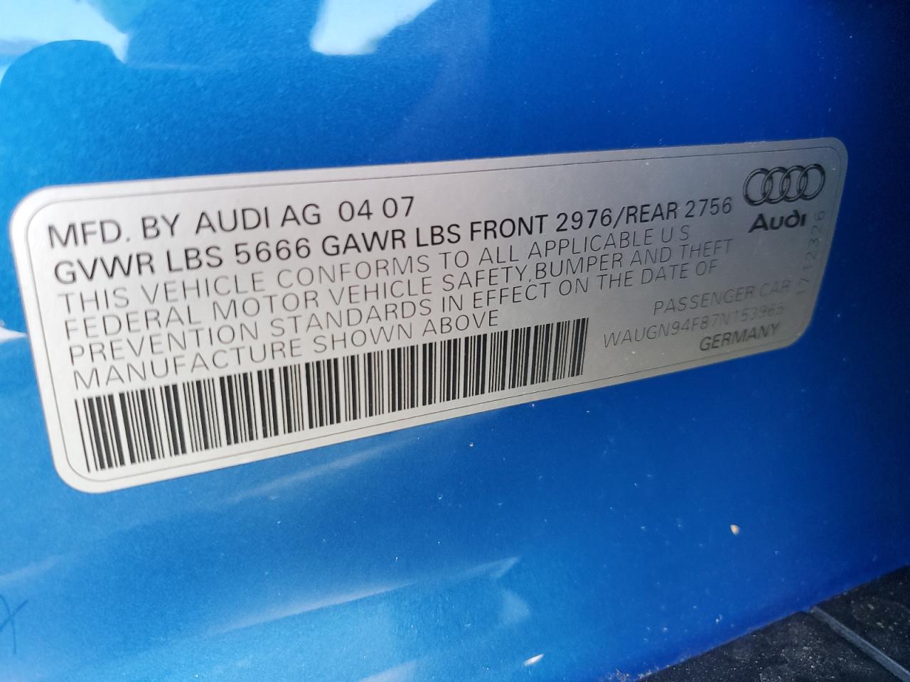 2007 Audi S6 Quattro Blue vin: WAUGN94F87N153965