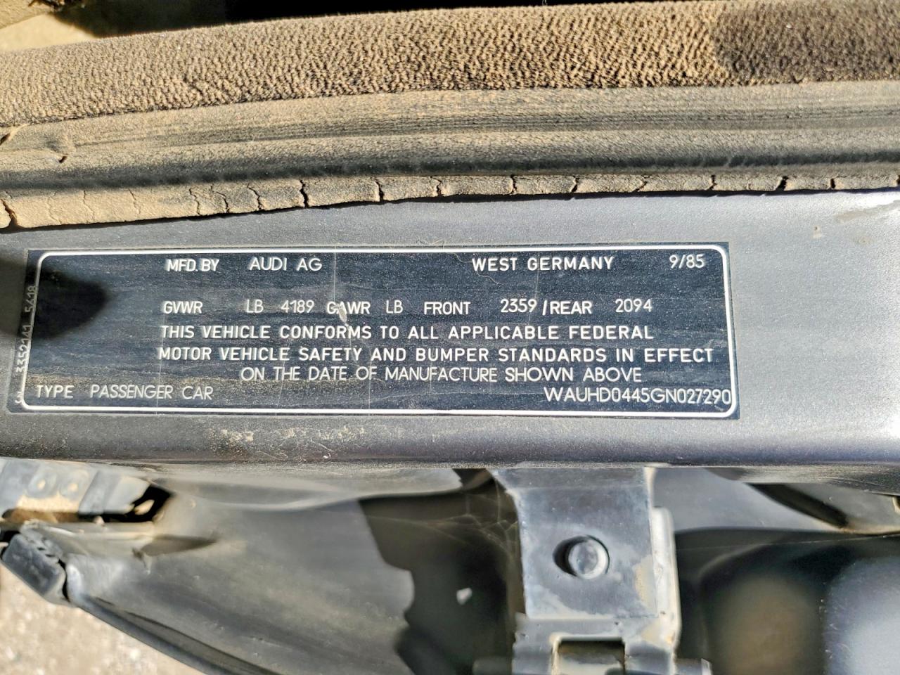 1986 Audi 5000 S Turbo Gray vin: WAUHD0445GN027290