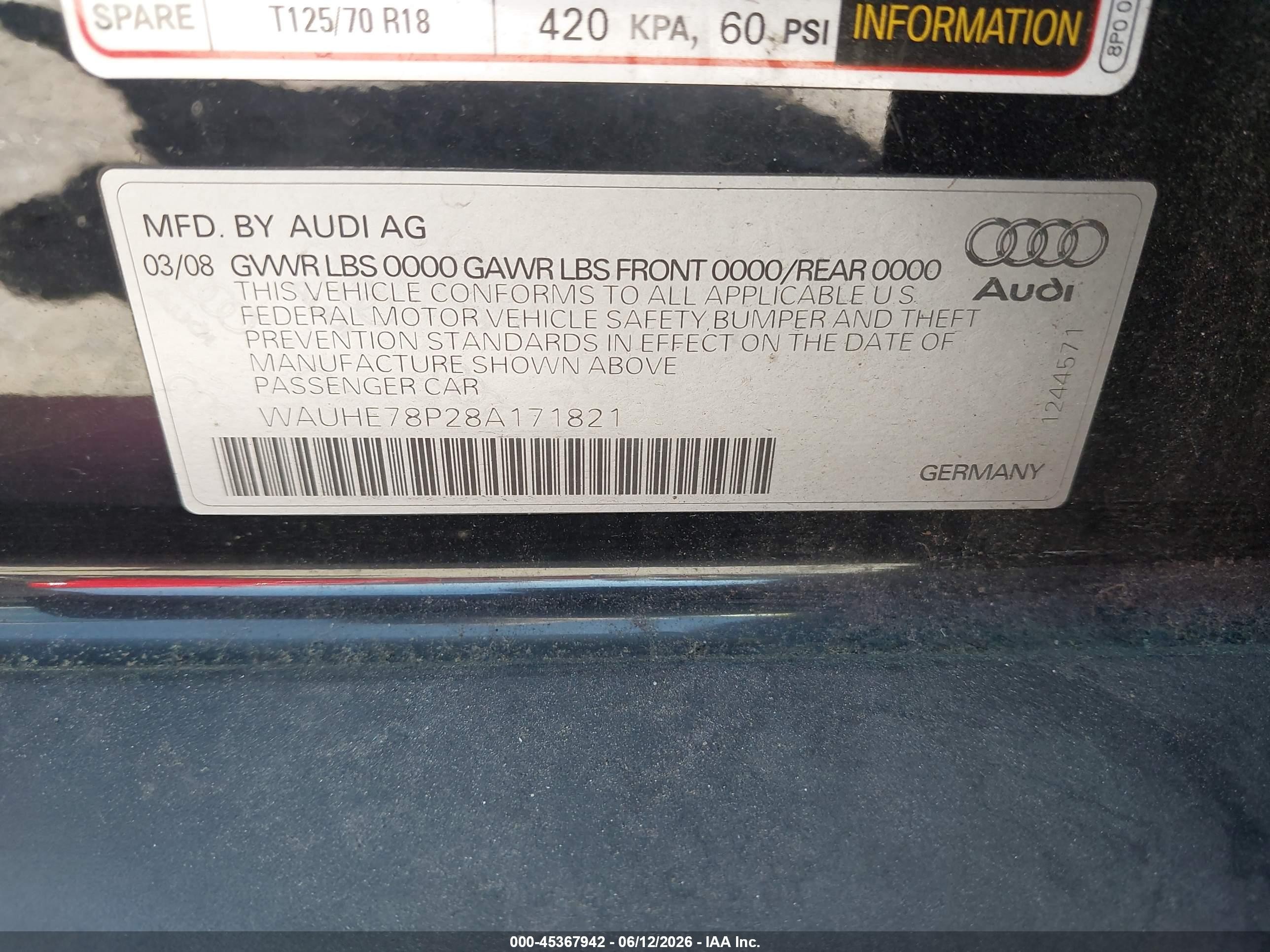 2008 Audi A3 2.0t Black vin: WAUHE78P28A171821
