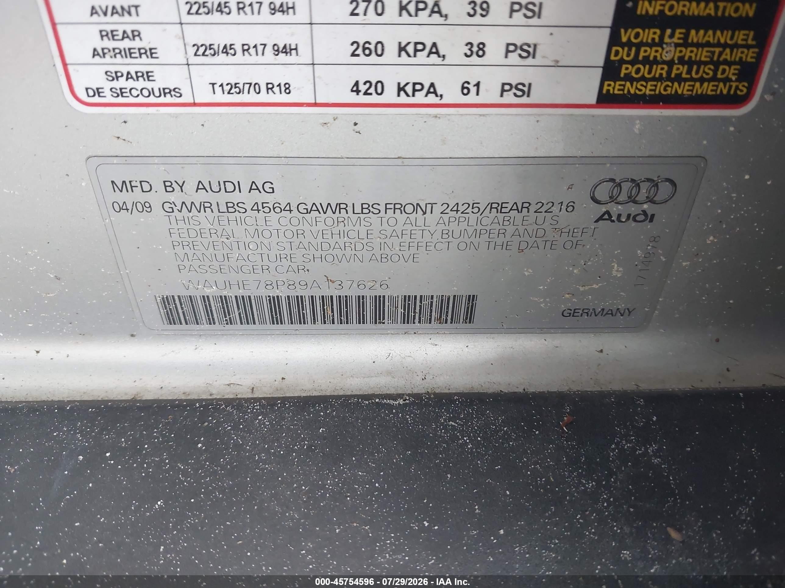 2009 Audi A3 2.0t Silver vin: WAUHE78P89A137626