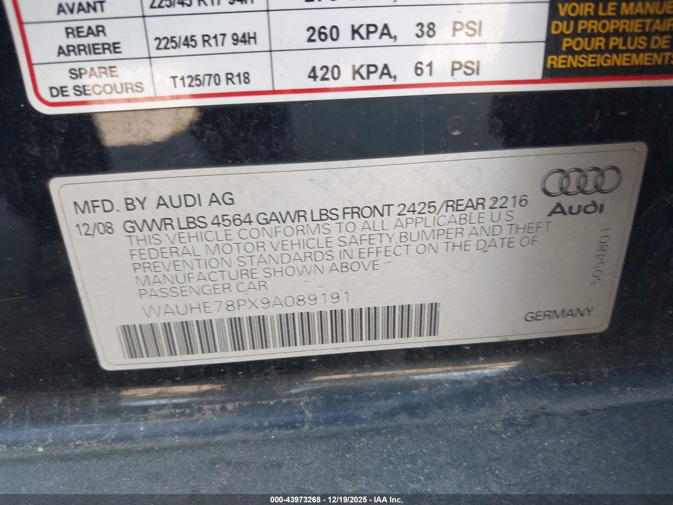 2009 Audi A3 2.0t Black vin: WAUHE78PX9A089191