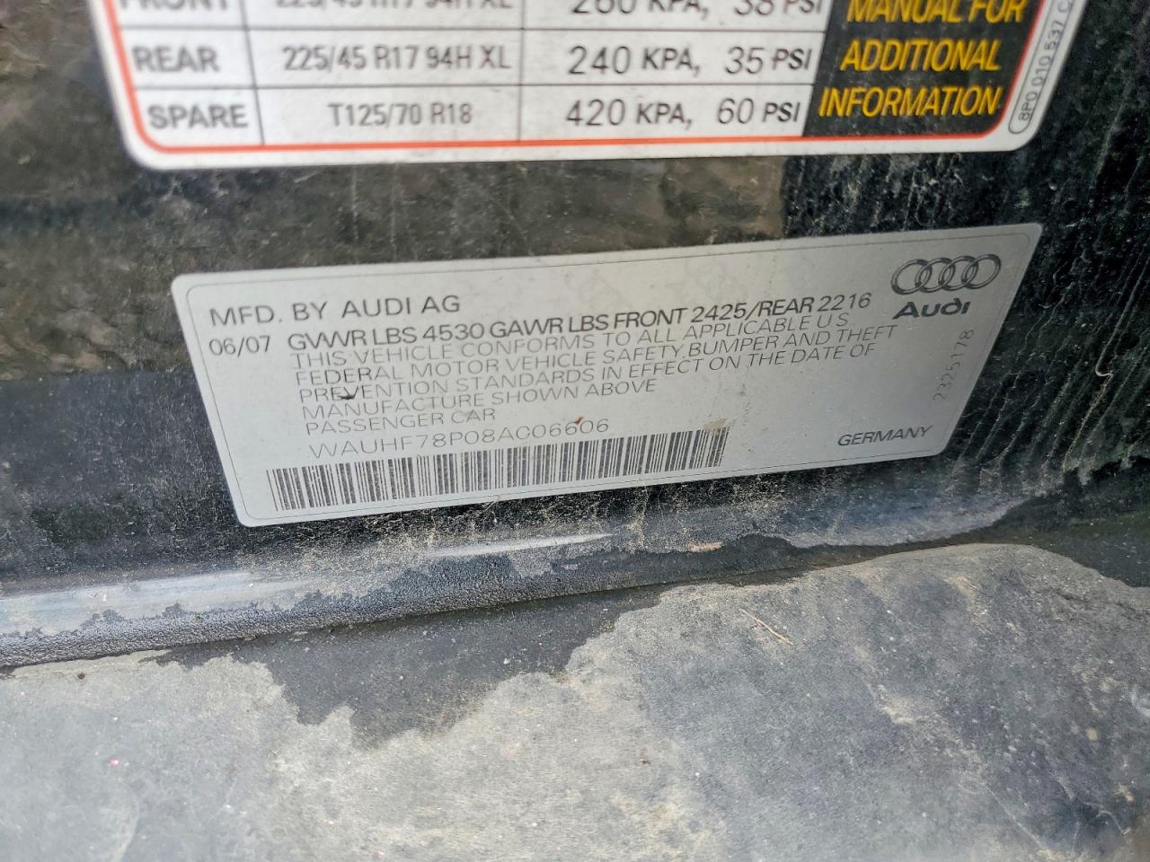 2008 Audi A3 2.0 Black vin: WAUHF78P08A006606