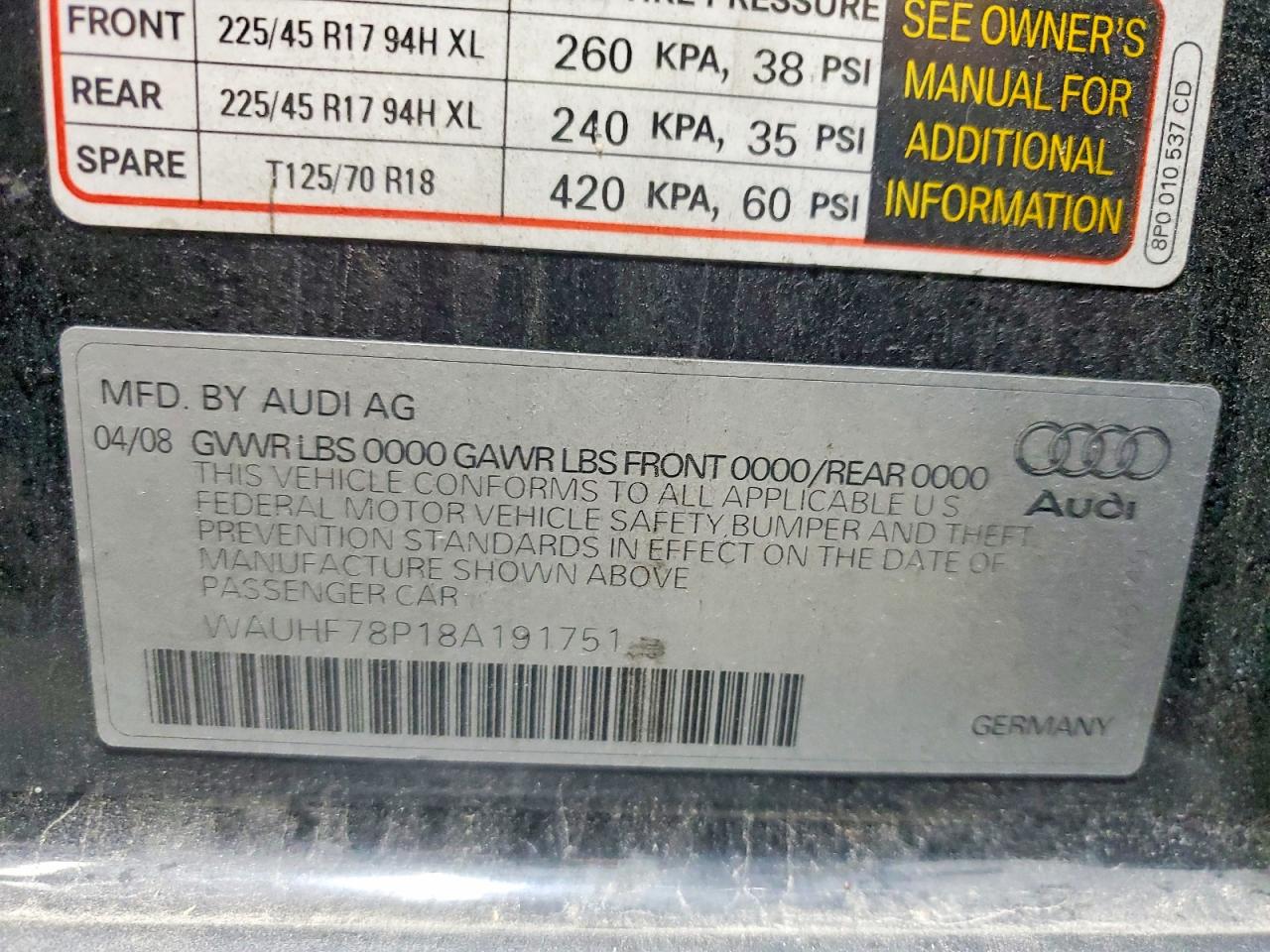 2008 Audi A3 2.0 Black vin: WAUHF78P18A191751