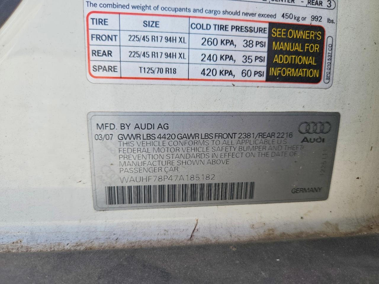 2007 Audi A3 2 White vin: WAUHF78P47A185182