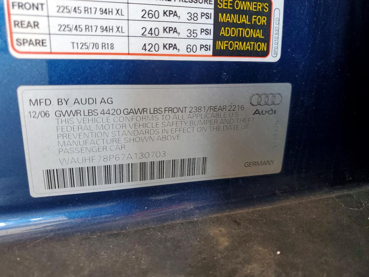 2007 Audi A3 2 Blue vin: WAUHF78P67A130703