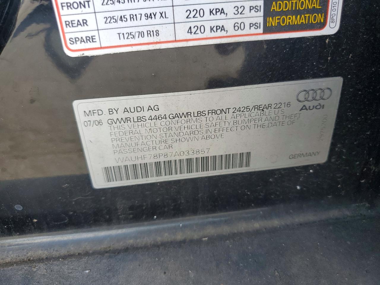 2007 Audi A3 2 Black vin: WAUHF78P87A033857