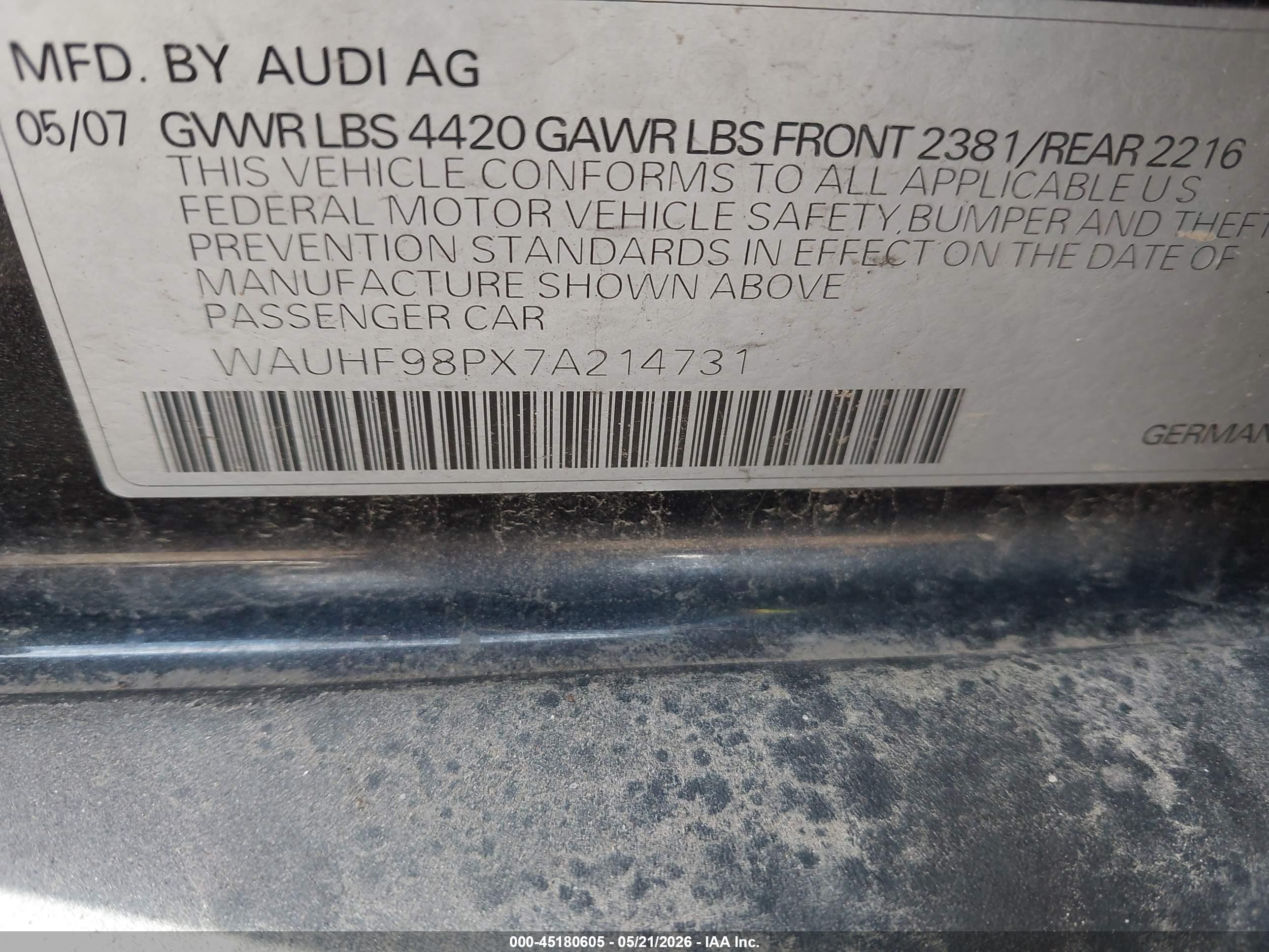 2007 Audi A3 2.0t Black vin: WAUHF98PX7A214731
