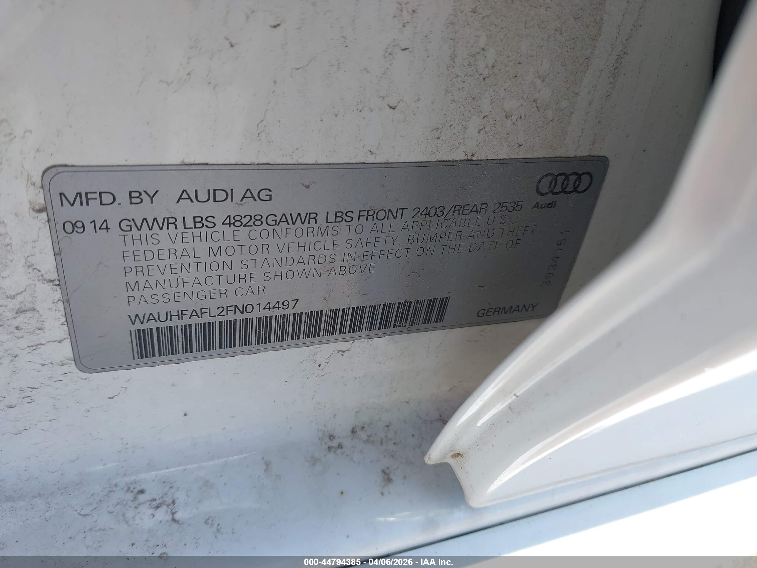 2015 Audi A4 2.0t Premium White vin: WAUHFAFL2FN014497