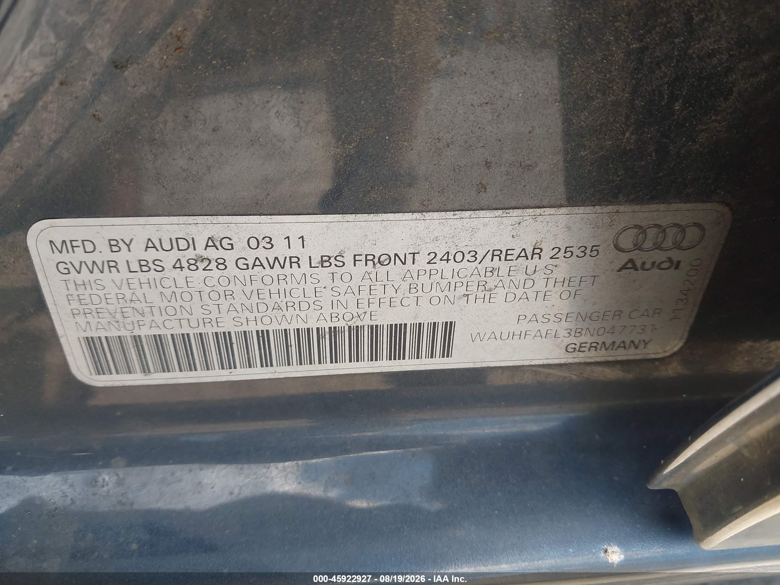 2011 Audi A4 Premium Plus Gray vin: WAUHFAFL3BN047731