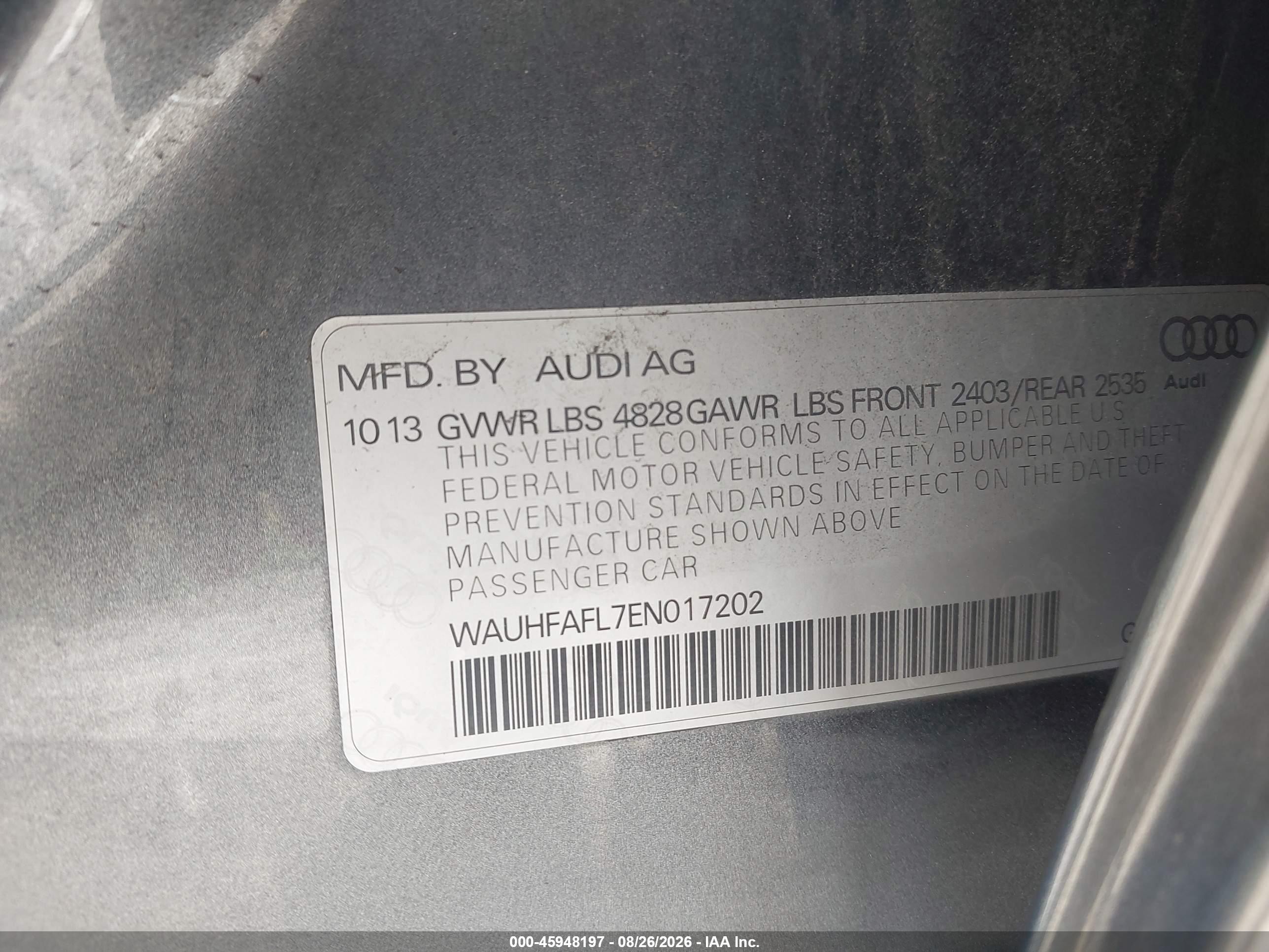 2014 Audi A4 2.0t Premium Gray vin: WAUHFAFL7EN017202