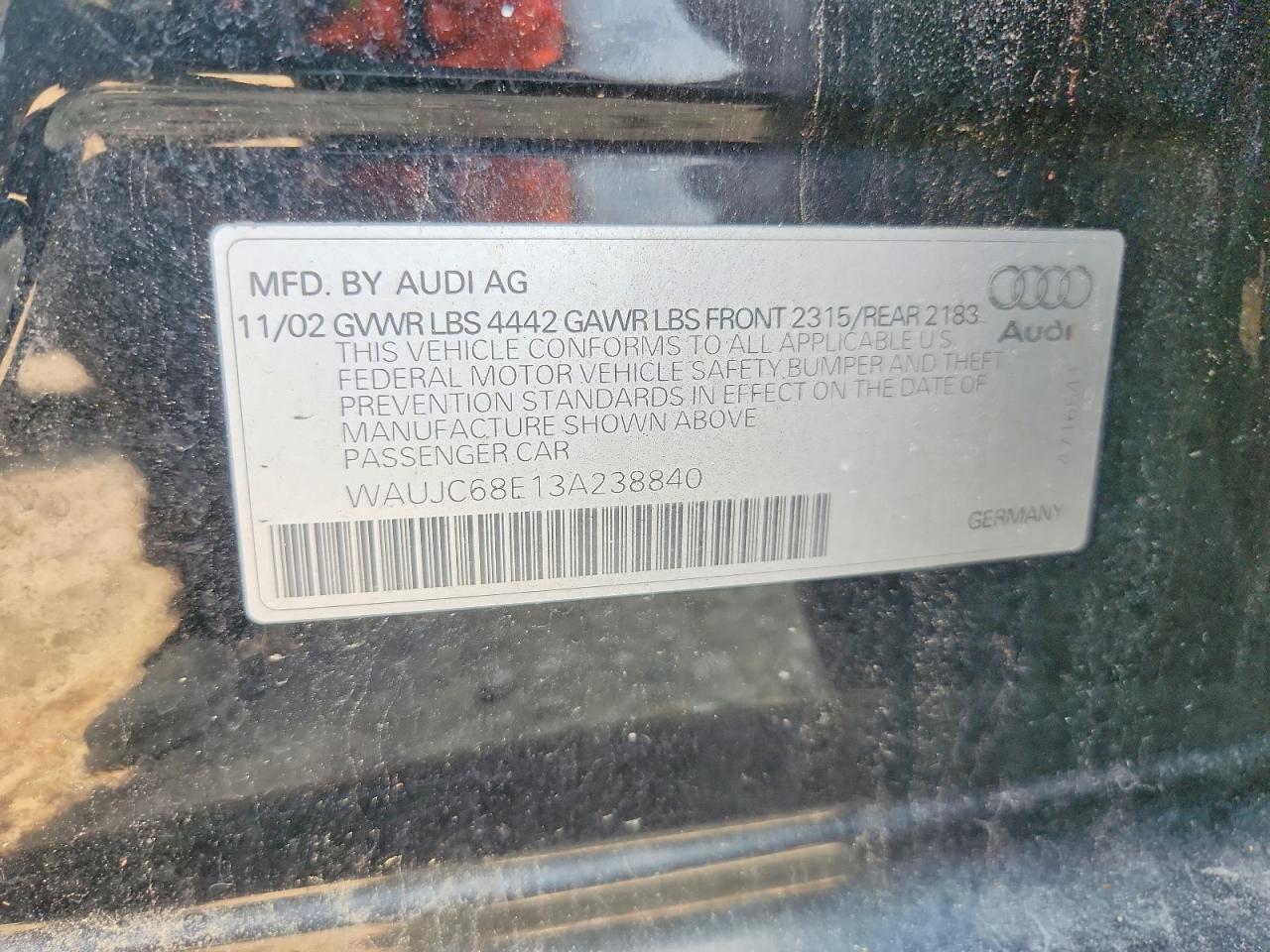 2003 Audi A4 1.8t Black vin: WAUJC68E13A238840