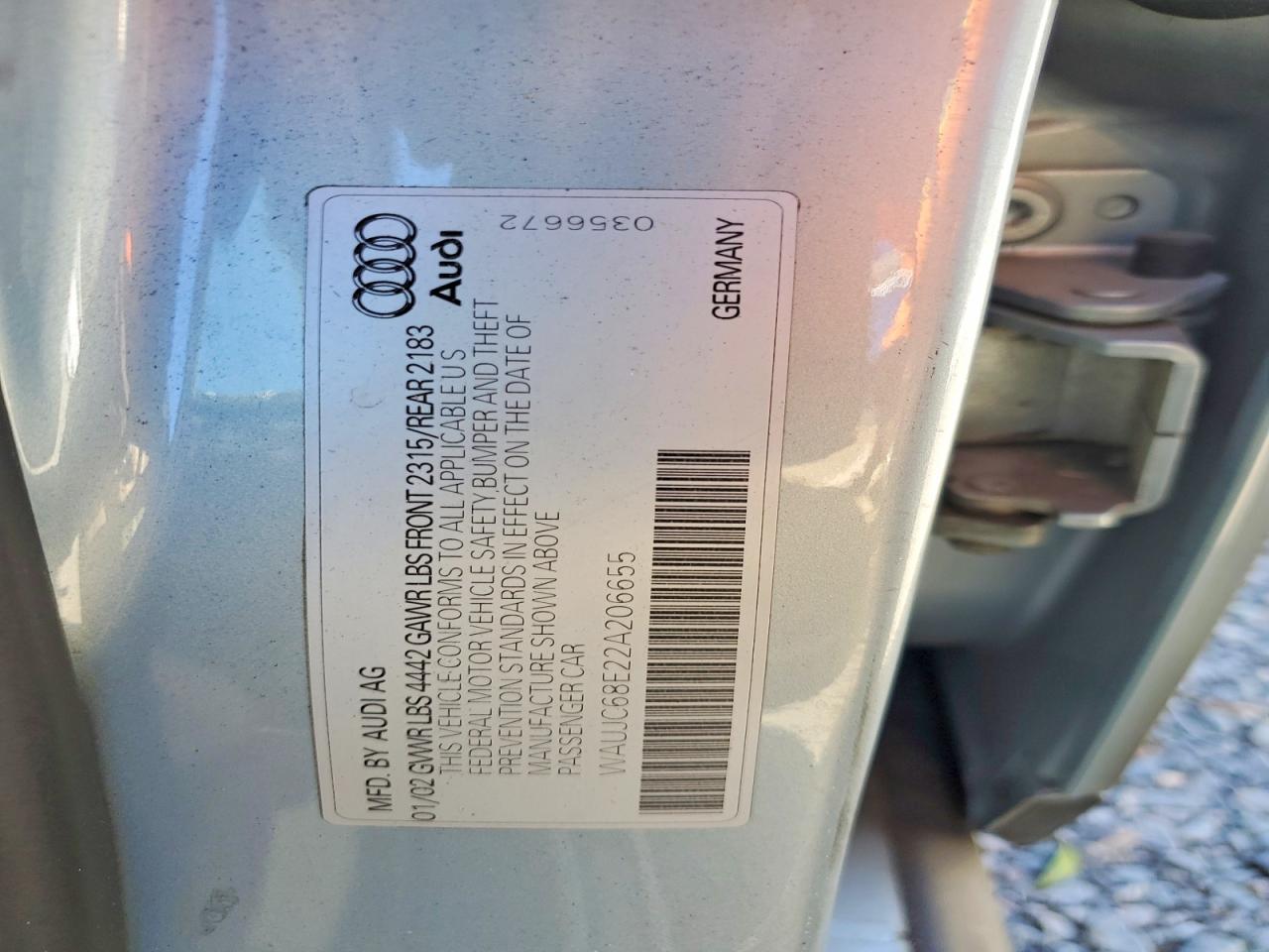 2002 Audi A4 1.8t Silver vin: WAUJC68E22A206655