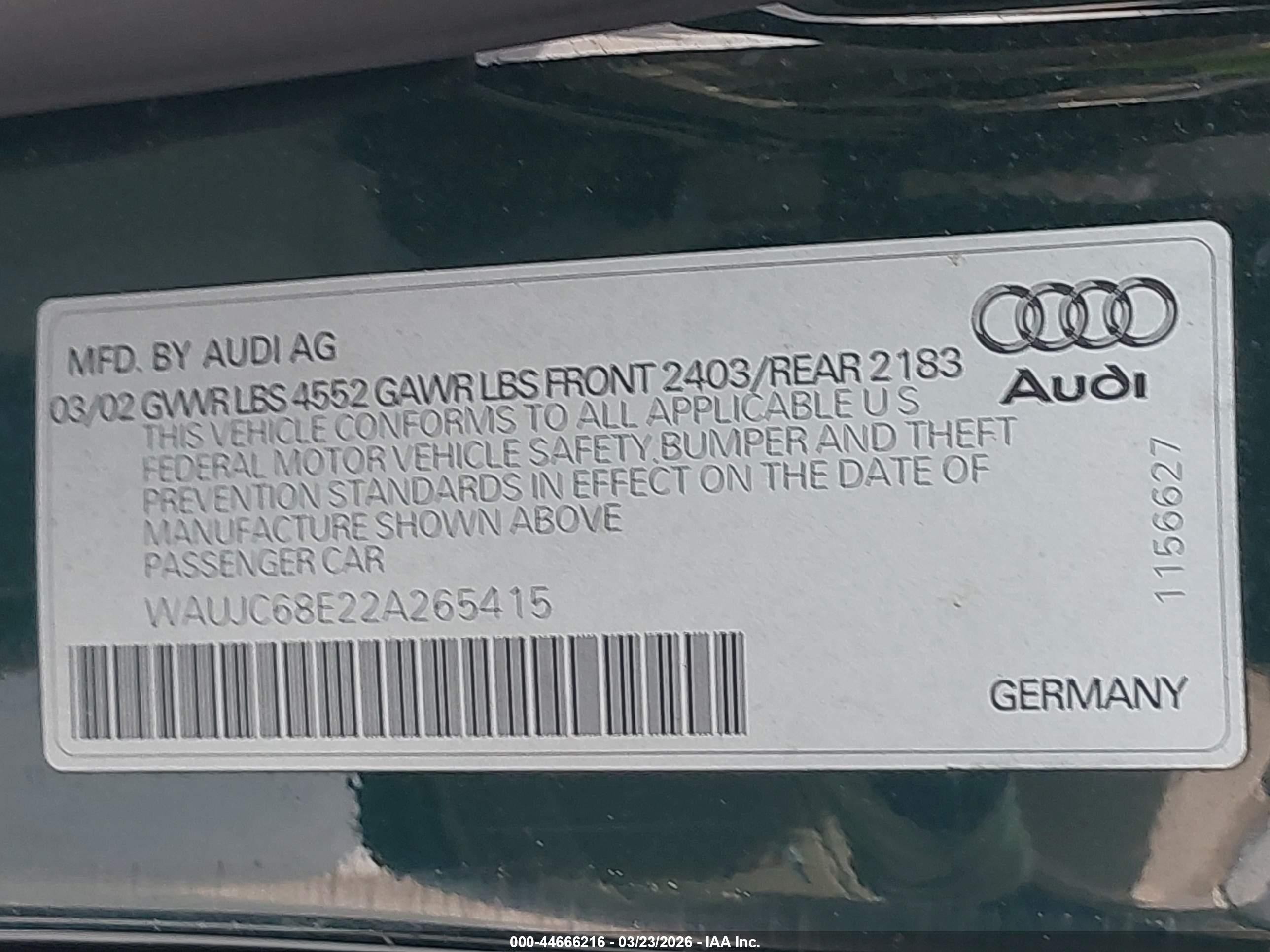 2002 Audi A4 1.8t Зеленый vin: WAUJC68E22A265415