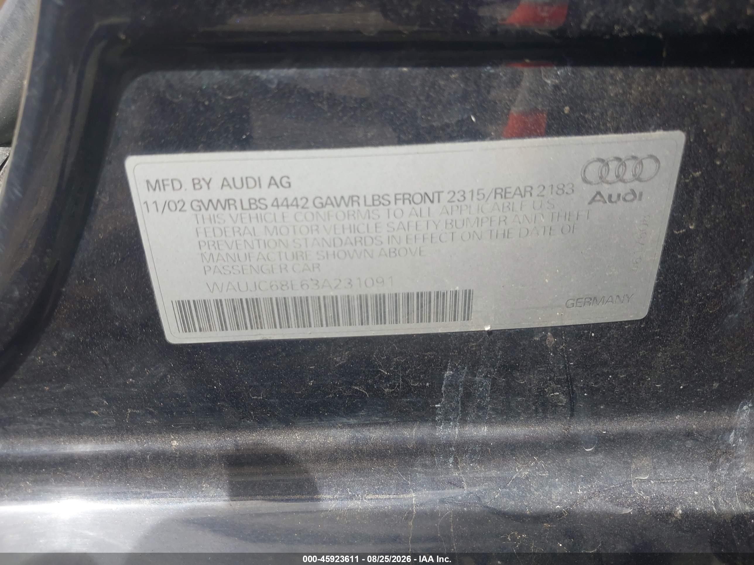 2003 Audi A4 1.8t Blue vin: WAUJC68E63A231091