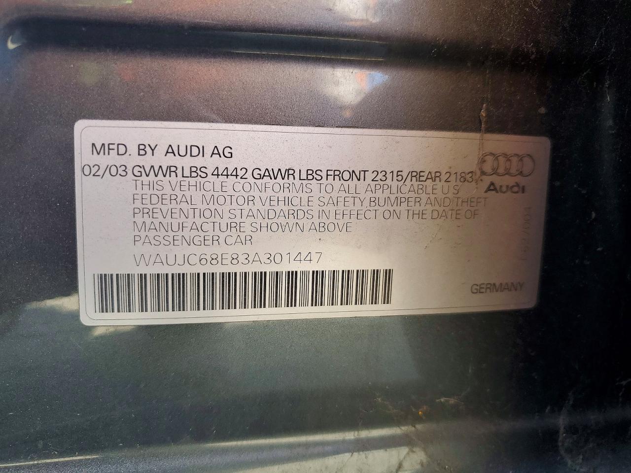 2003 Audi A4 1.8t Gray vin: WAUJC68E83A301447