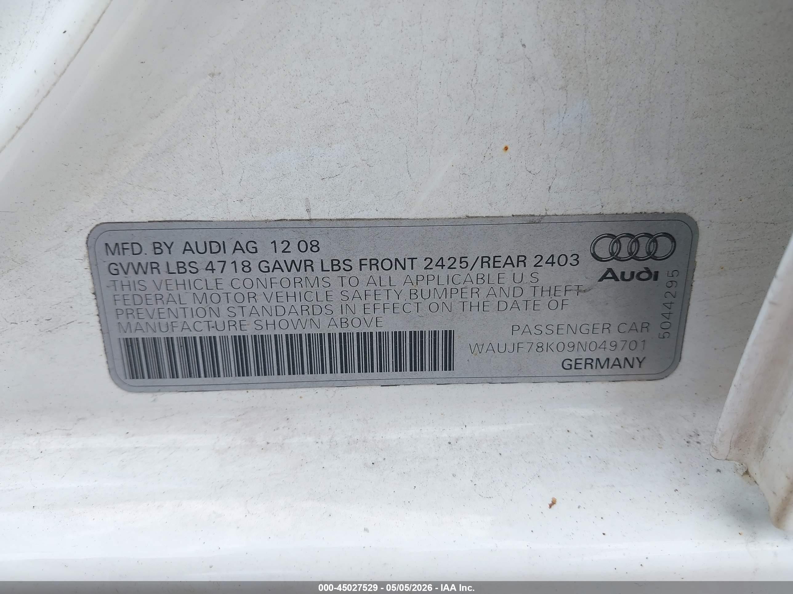 2009 Audi A4 2.0t Premium Белый vin: WAUJF78K09N049701