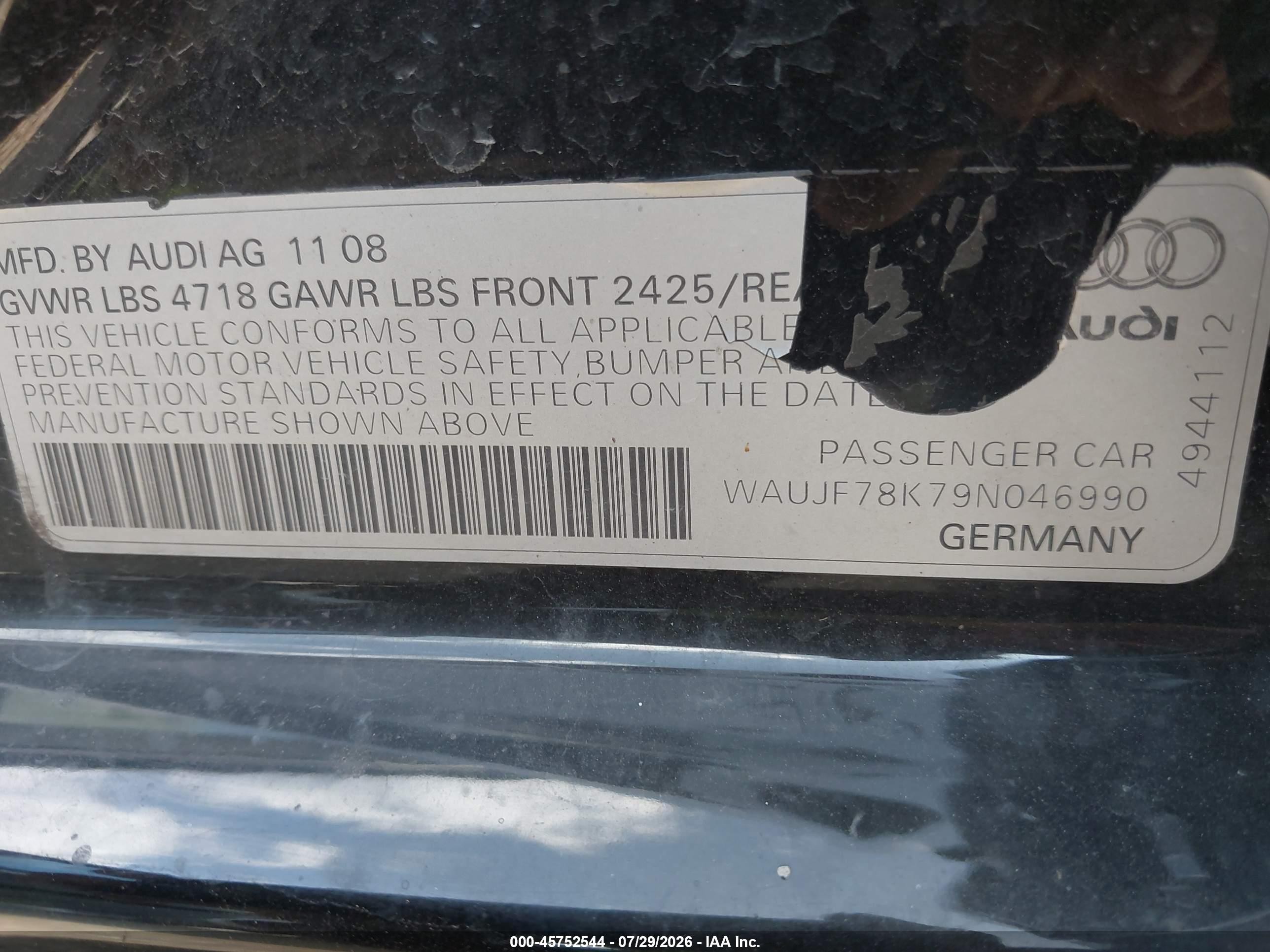2009 Audi A4 2.0t Premium Black vin: WAUJF78K79N046990