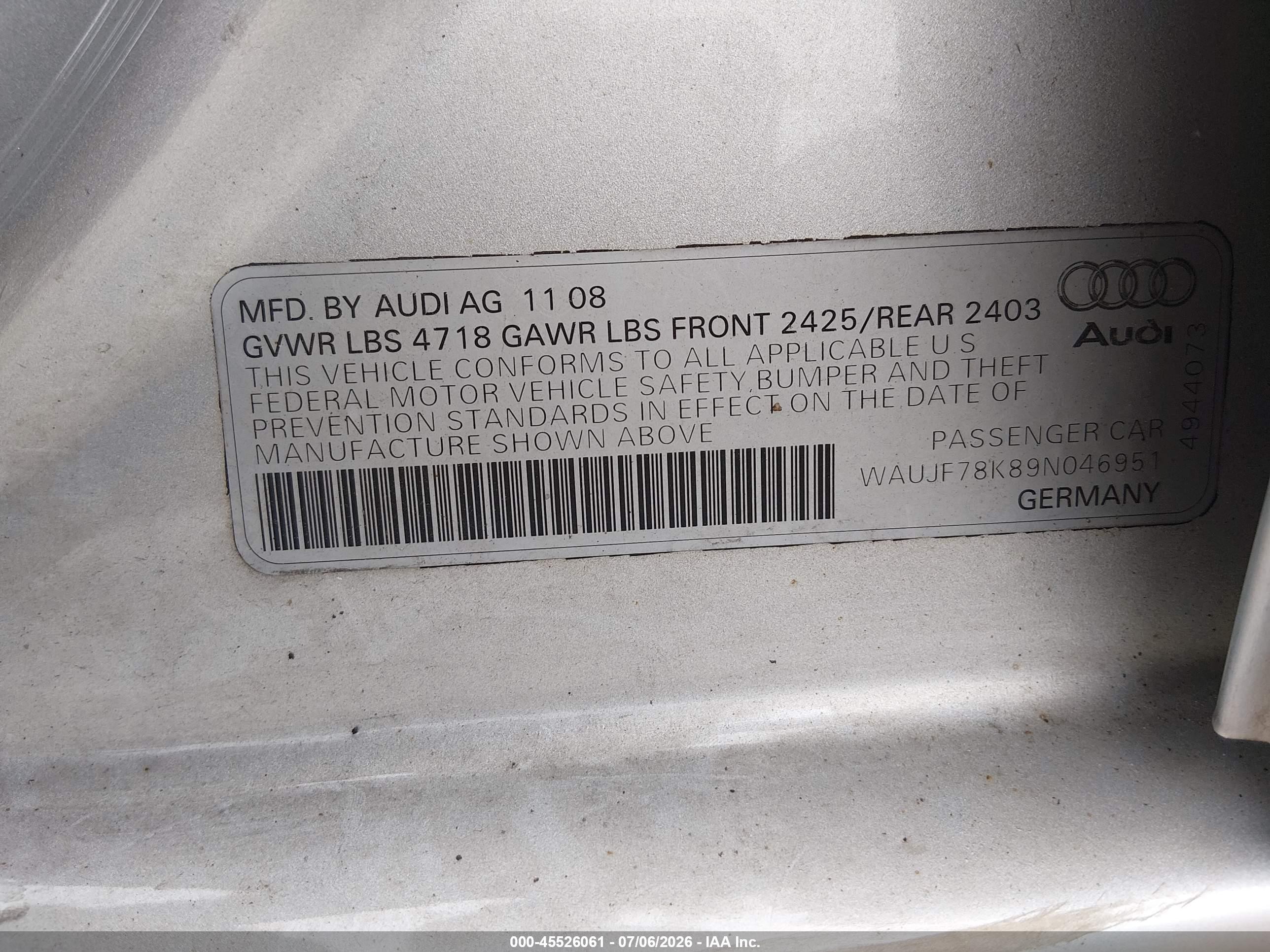 2009 Audi A4 2.0t Premium Silver vin: WAUJF78K89N046951