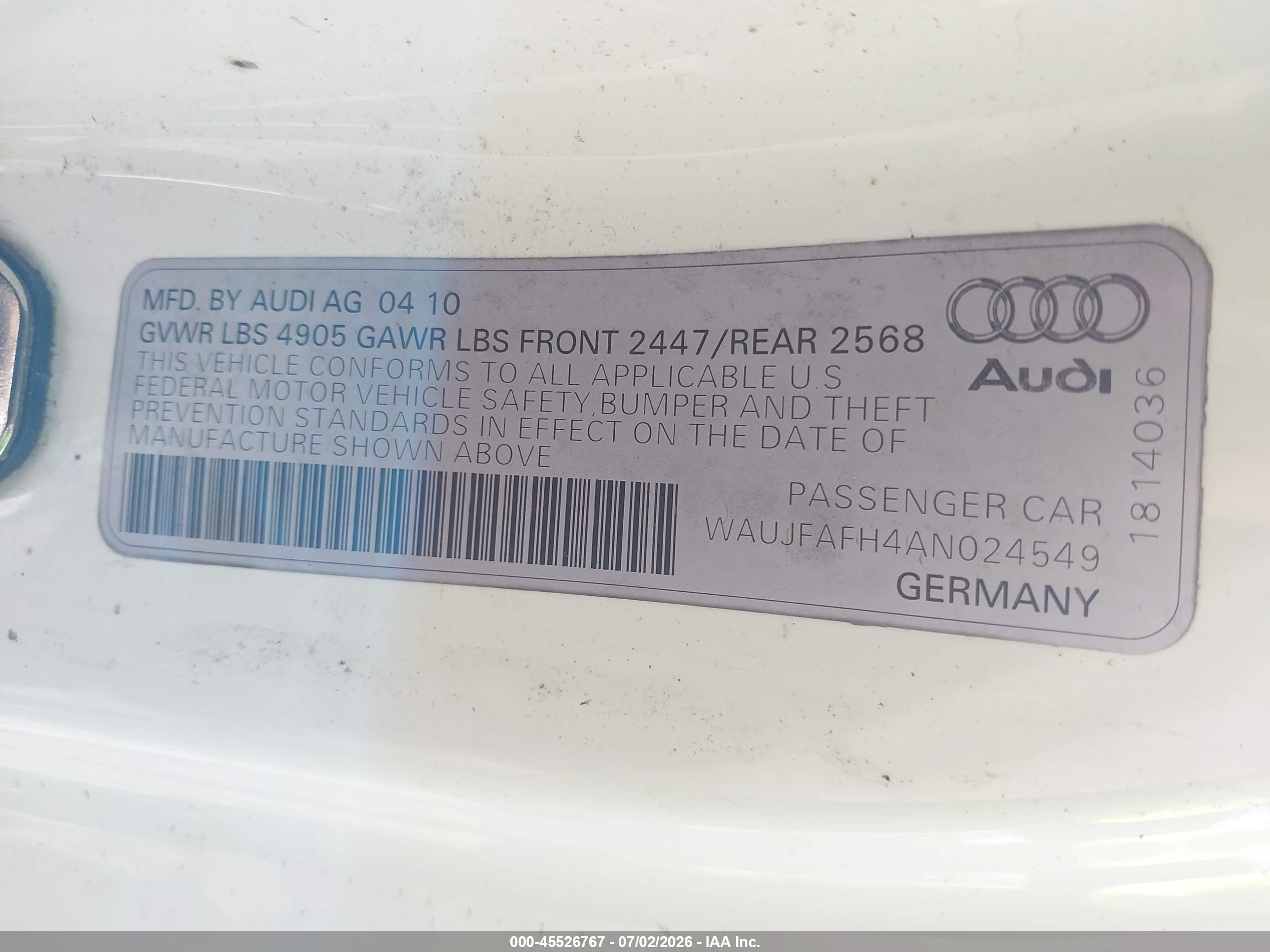 2010 Audi A5 2.0t Premium White vin: WAUJFAFH4AN024549