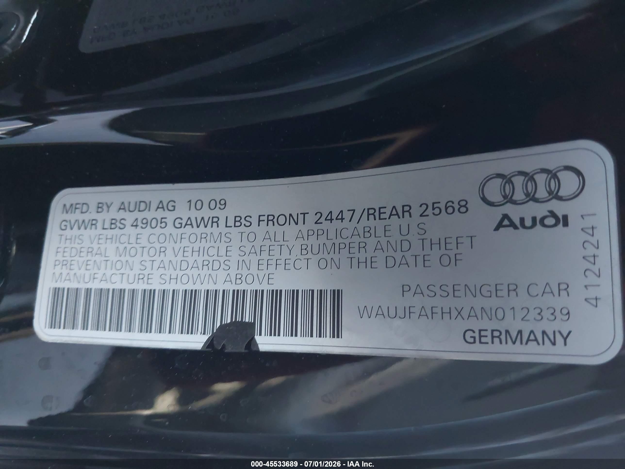 2010 Audi A5 2.0t Premium Black vin: WAUJFAFHXAN012339