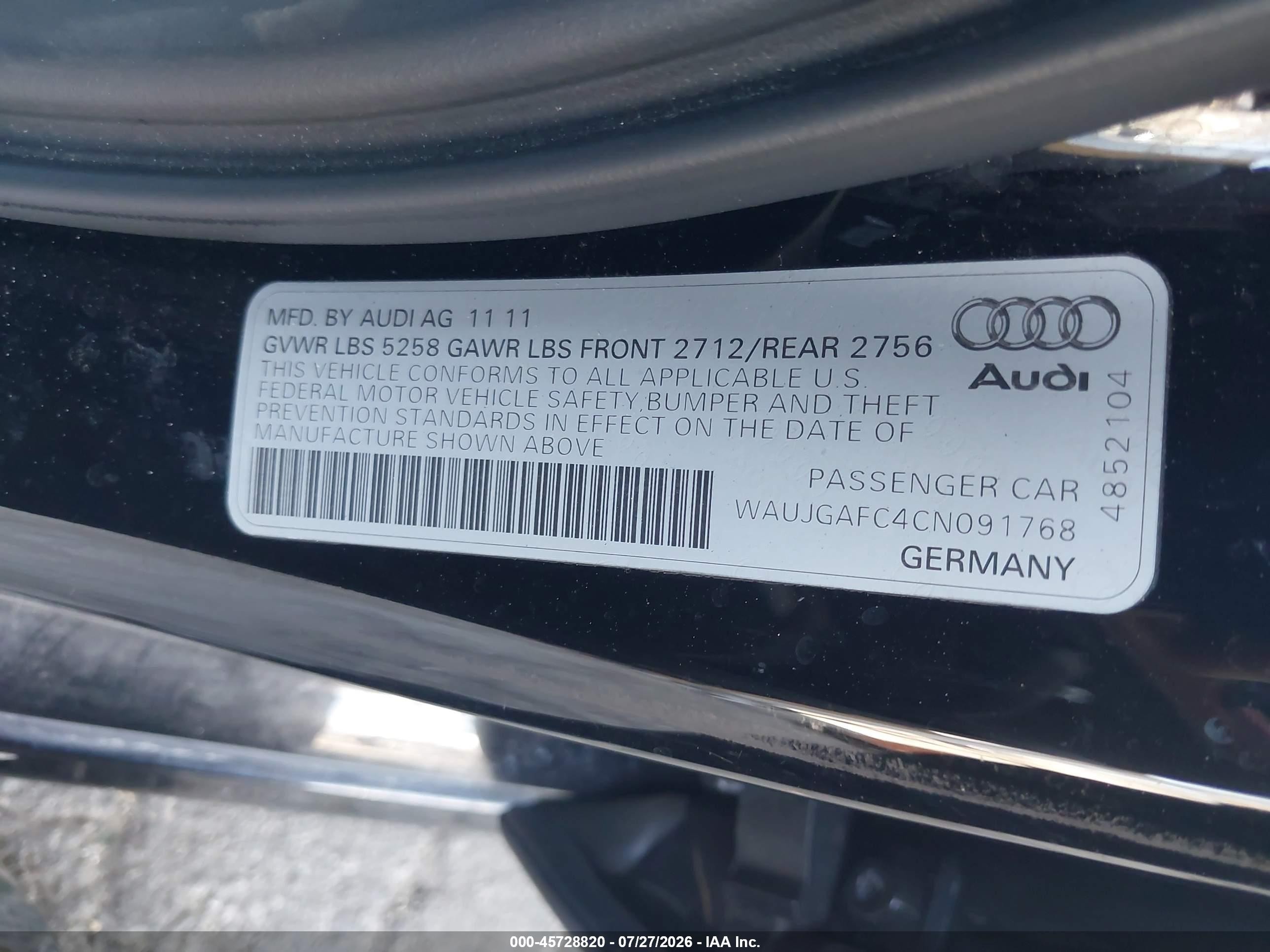 2012 Audi A6 3.0t Prestige Black vin: WAUJGAFC4CN091768