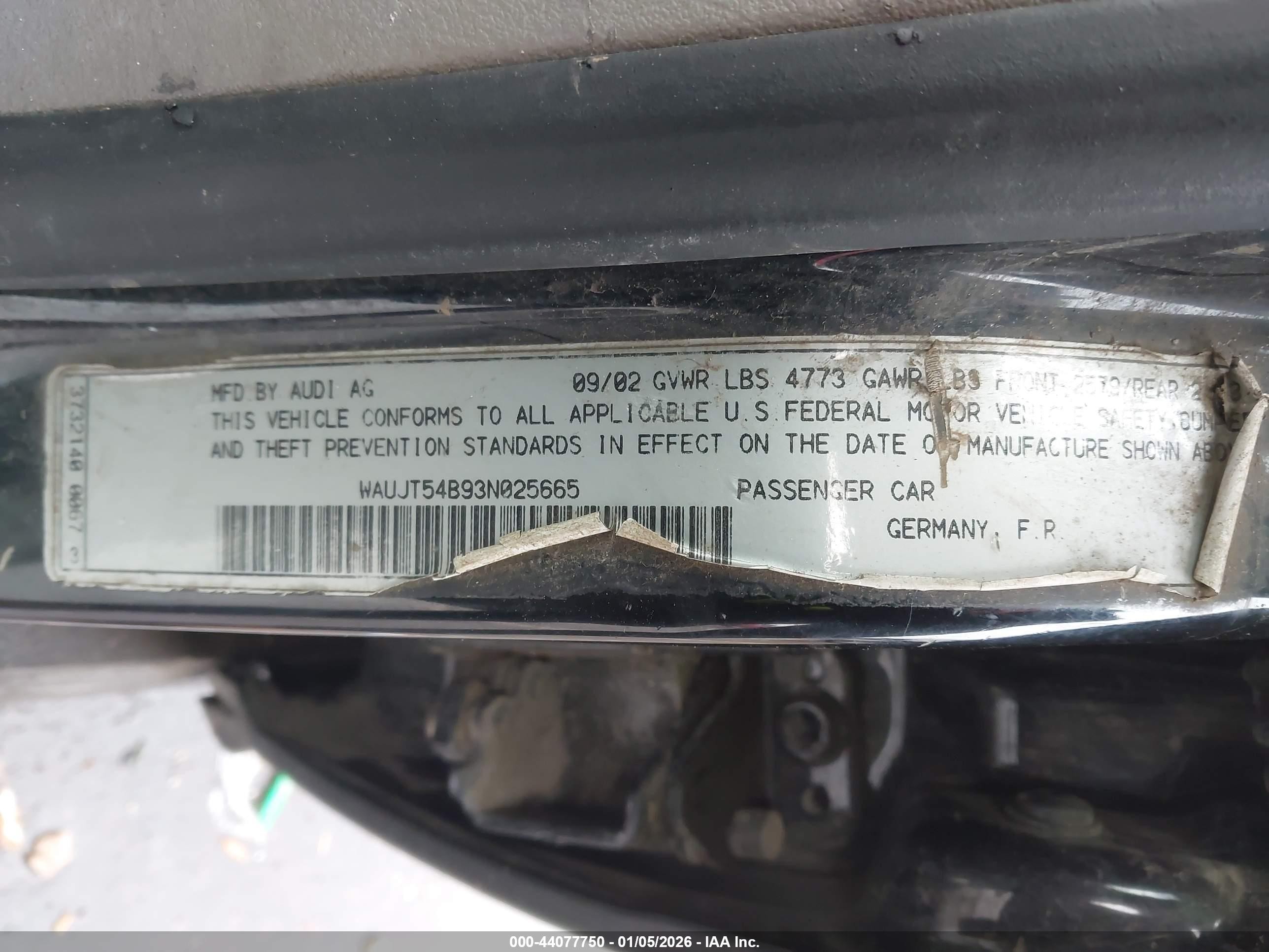 2003 Audi A6 3.0 Black vin: WAUJT54B93N025665