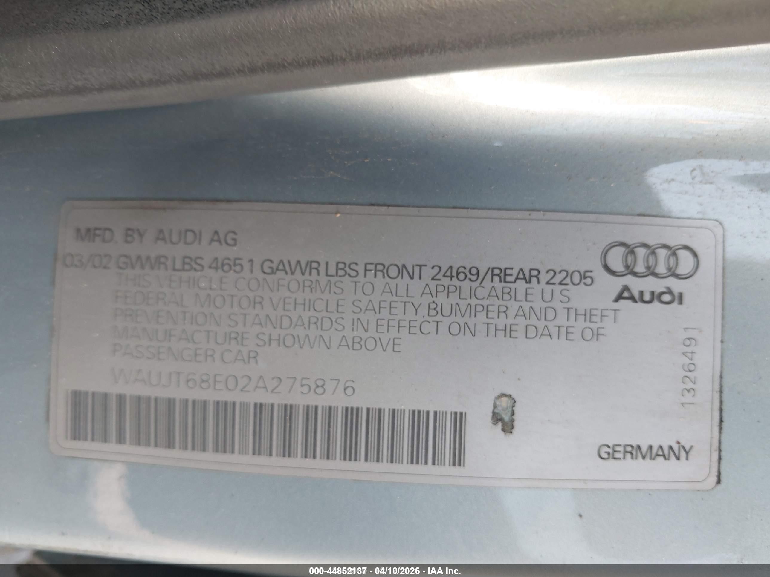 2002 Audi A4 3.0 Blue vin: WAUJT68E02A275876