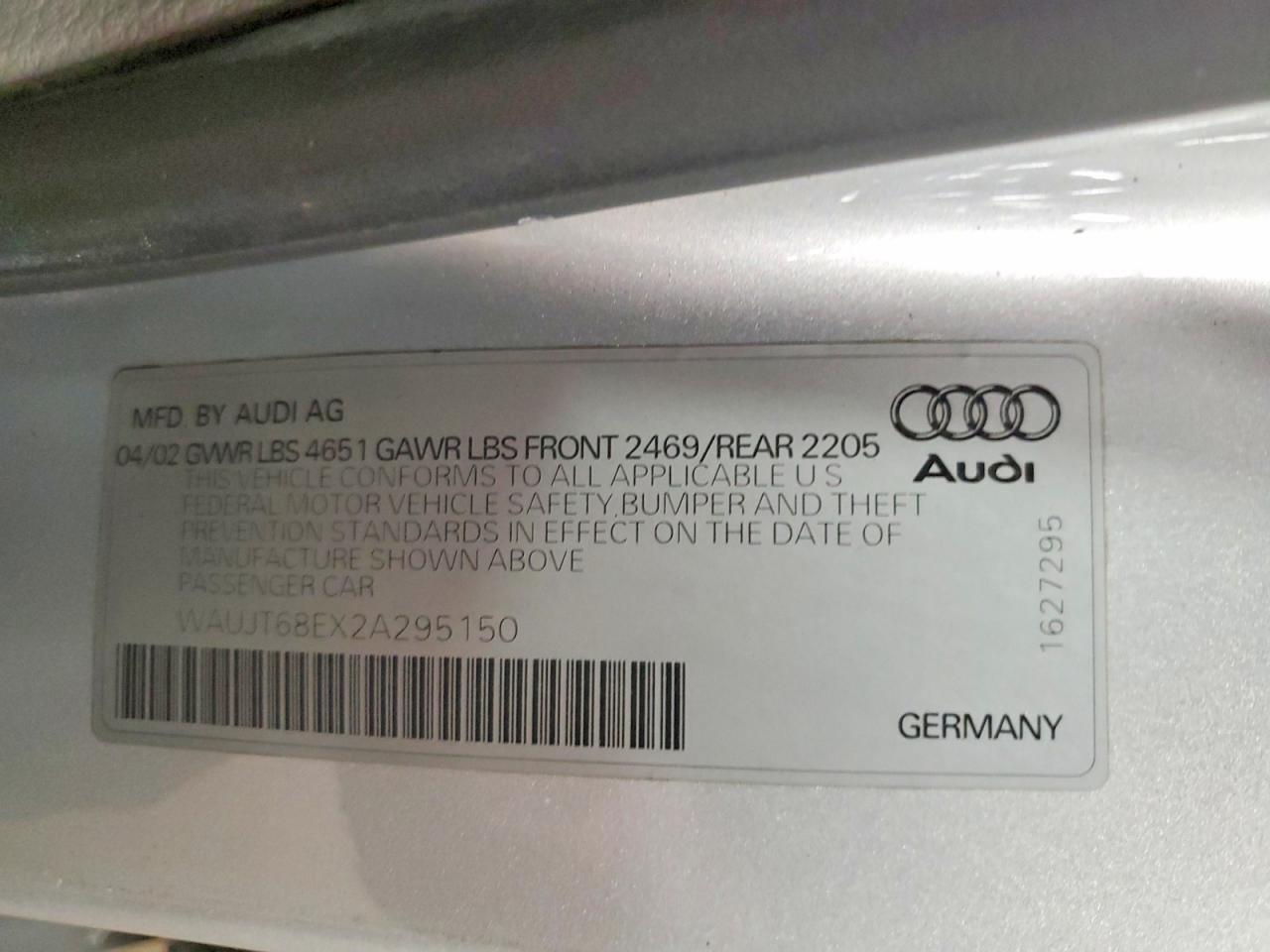 2002 Audi A4 3.0 Silver vin: WAUJT68EX2A295150