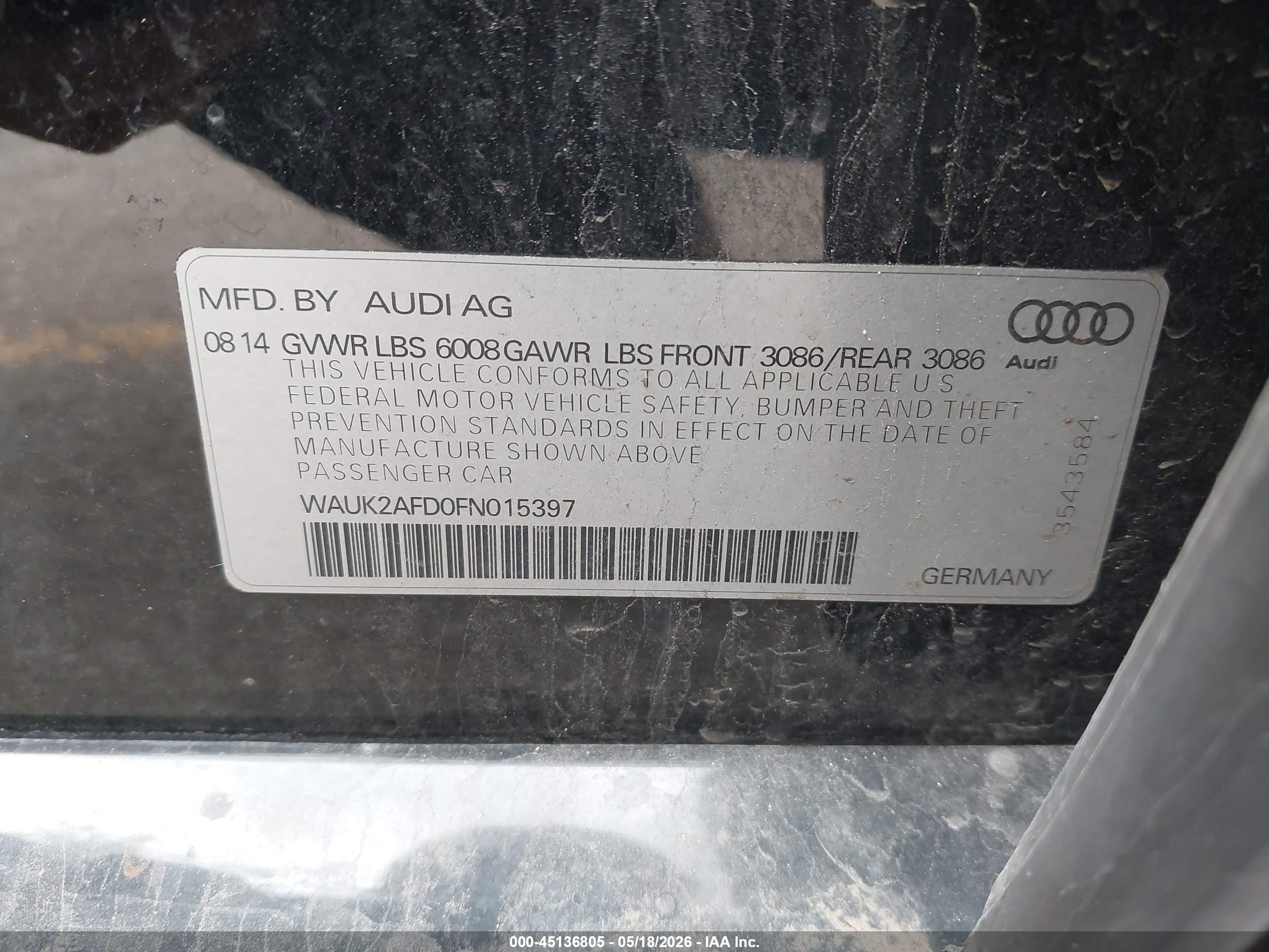 2015 Audi S8 4.0t Черный vin: WAUK2AFD0FN015397