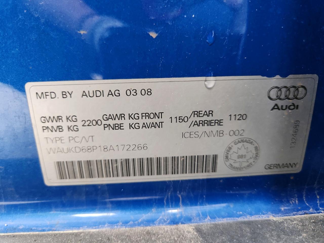 2008 Audi A3 S-line 3.2 Quattro Blue vin: WAUKD68P18A172266