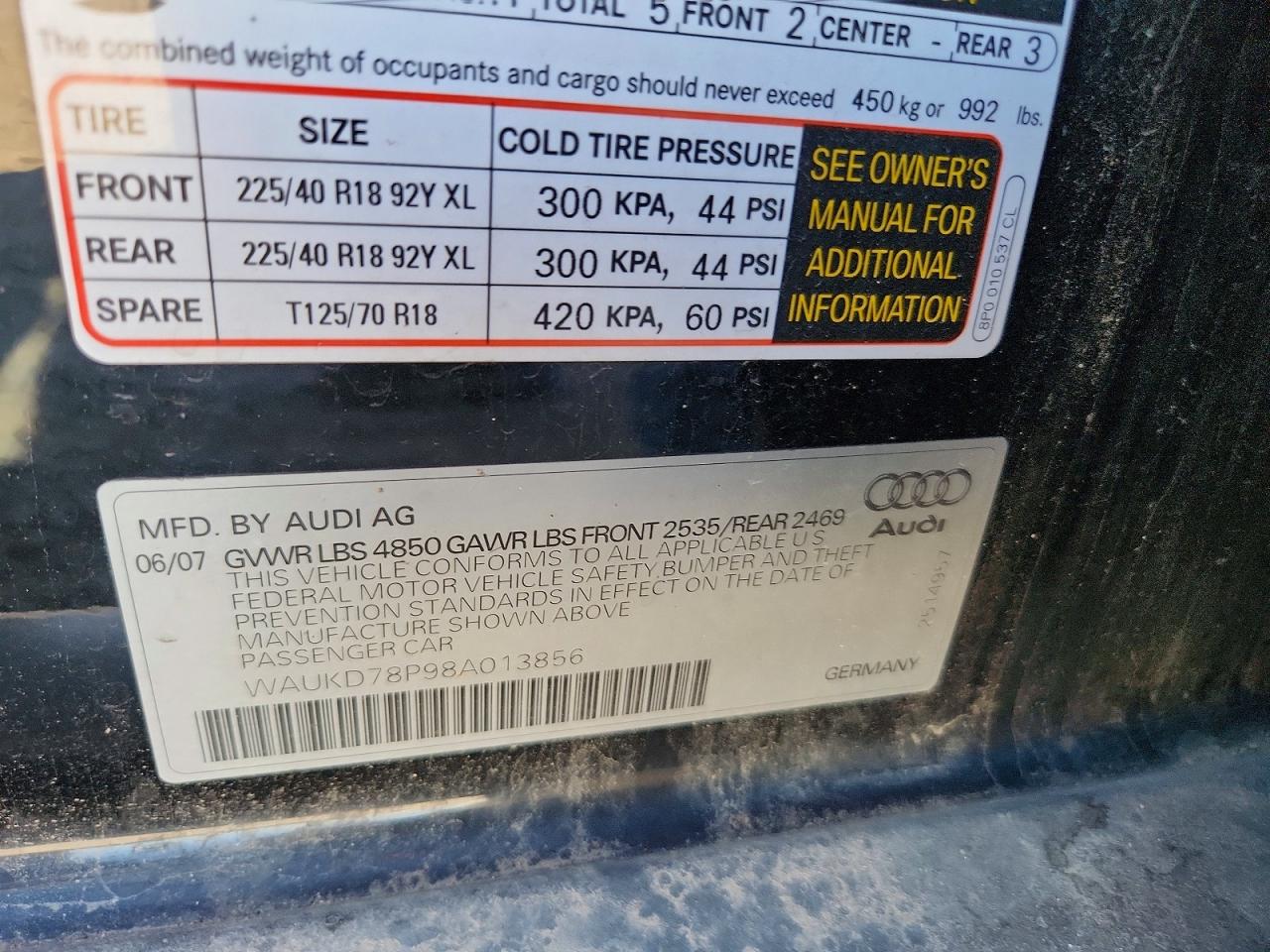 2008 Audi A3 S-line 3.2 Quattro Black vin: WAUKD78P98A013856