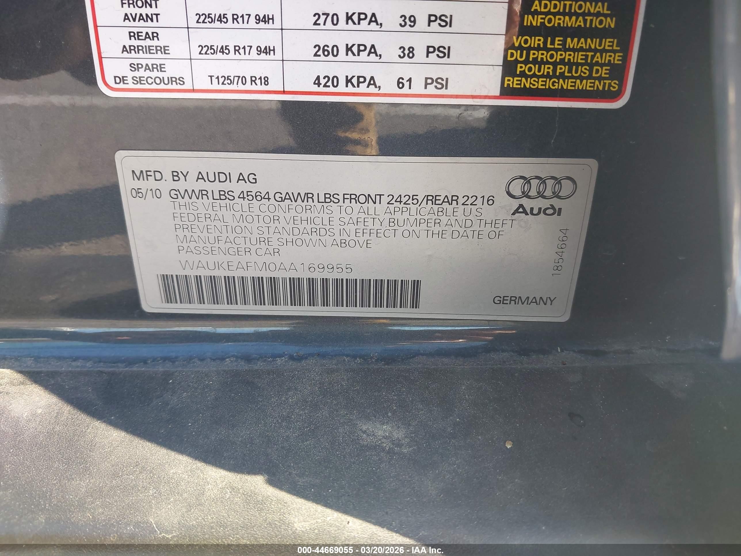 2010 Audi A3 2.0t Premium Black vin: WAUKEAFM0AA169955