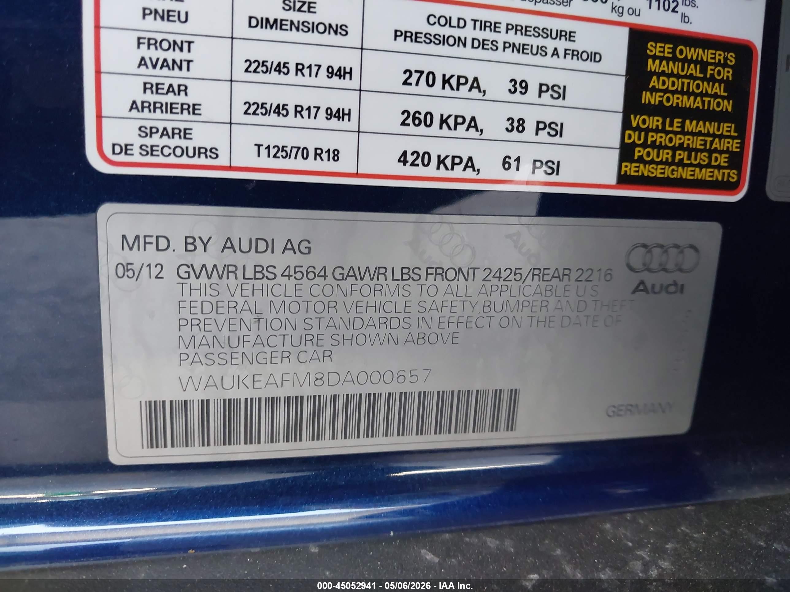 2013 Audi A3 2.0t Premium Dark Blue vin: WAUKEAFM8DA000657
