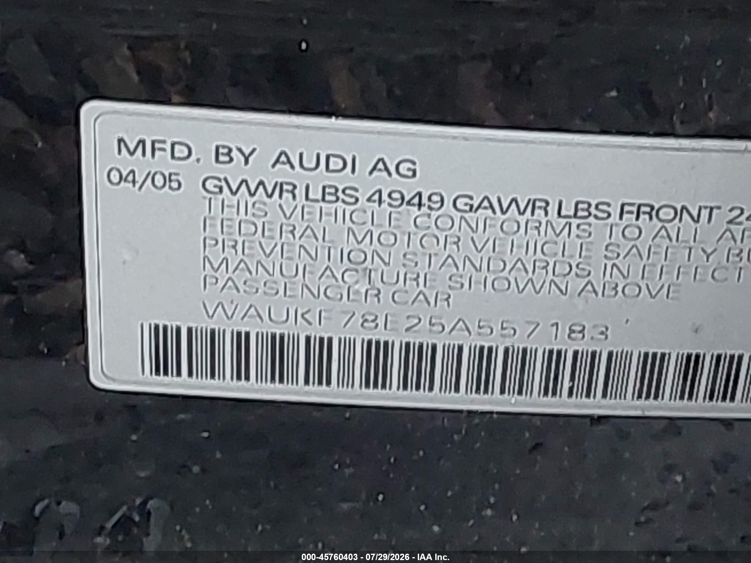 2005 Audi A4 2.0t Avant Black vin: WAUKF78E25A557183