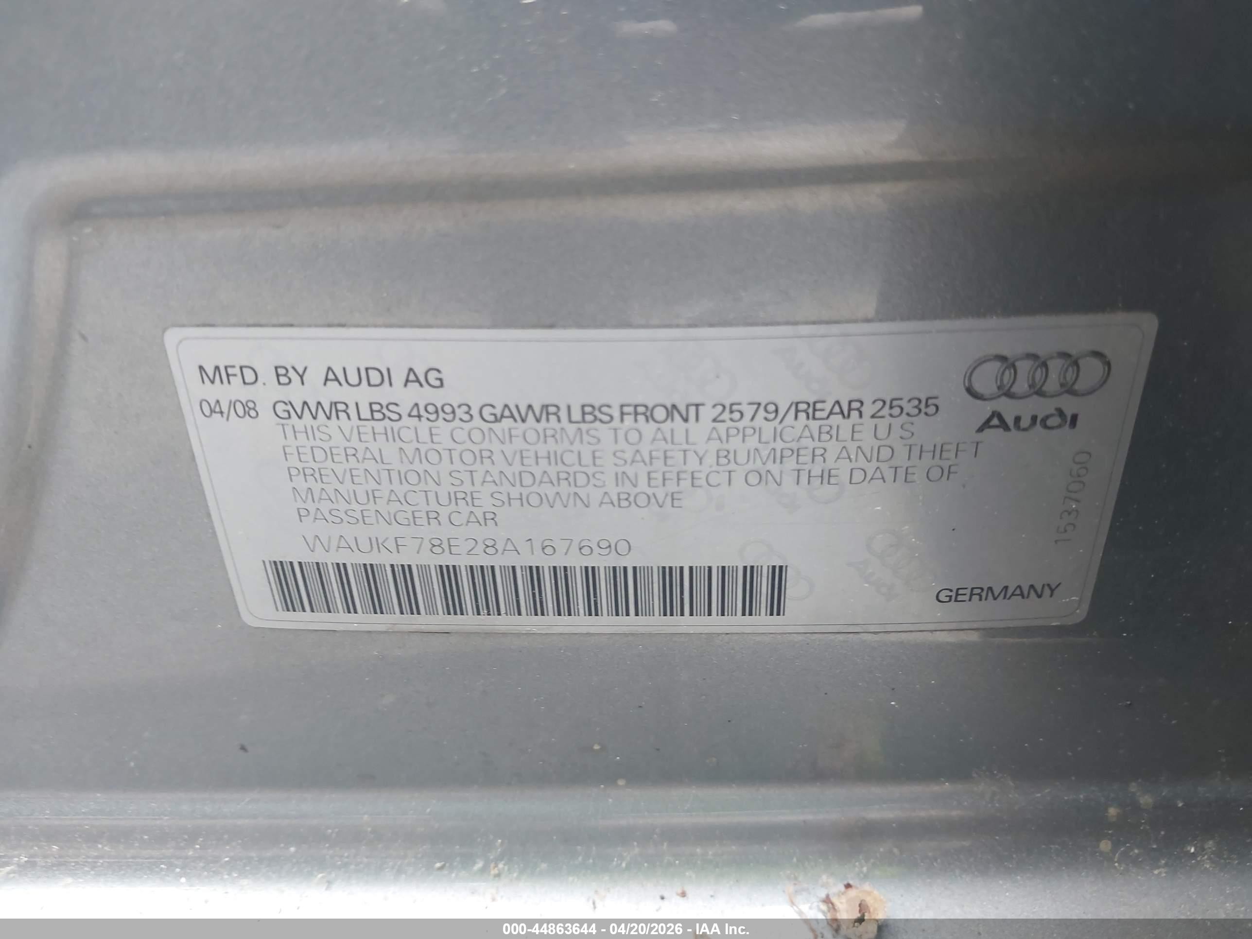 2008 Audi A4   Silver vin: WAUKF78E28A167690