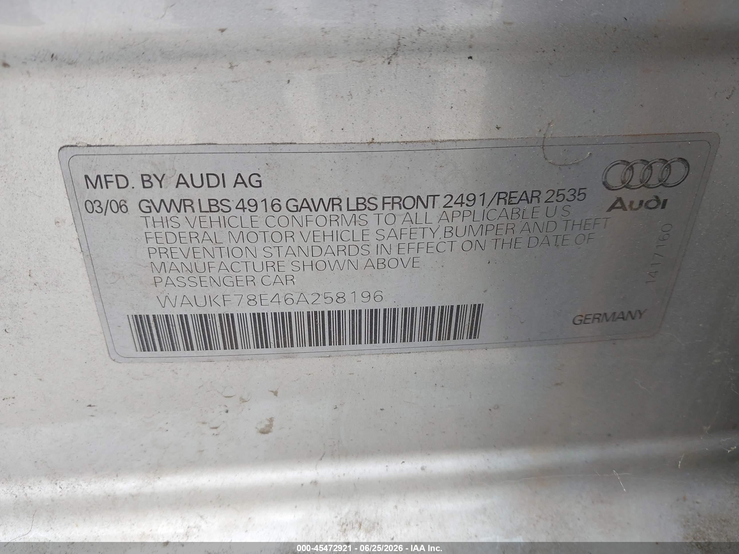 2006 Audi A4 2.0t Avant Silver vin: WAUKF78E46A258196