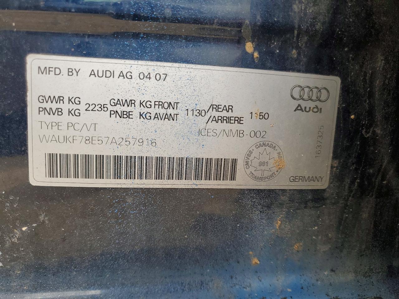 2007 Audi A4 2.0t Avant Quattro Blue vin: WAUKF78E57A257916