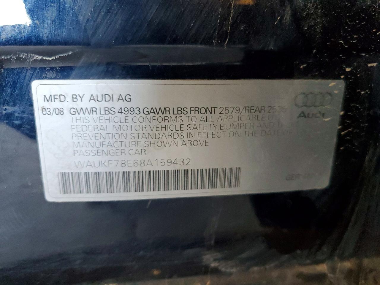 2008 Audi A4 2.0t Avant Quattro Blue vin: WAUKF78E68A159432