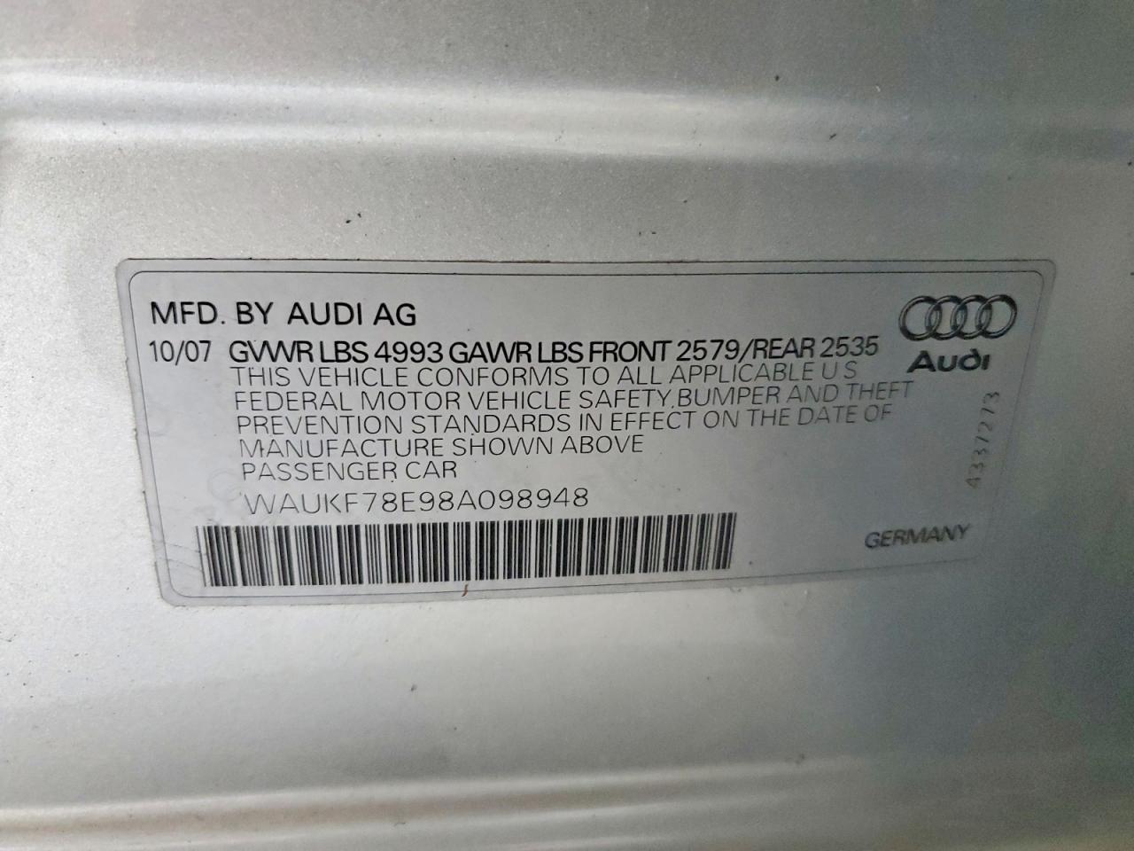 2008 Audi A4 2.0t Avant Quattro Серебряный vin: WAUKF78E98A098948
